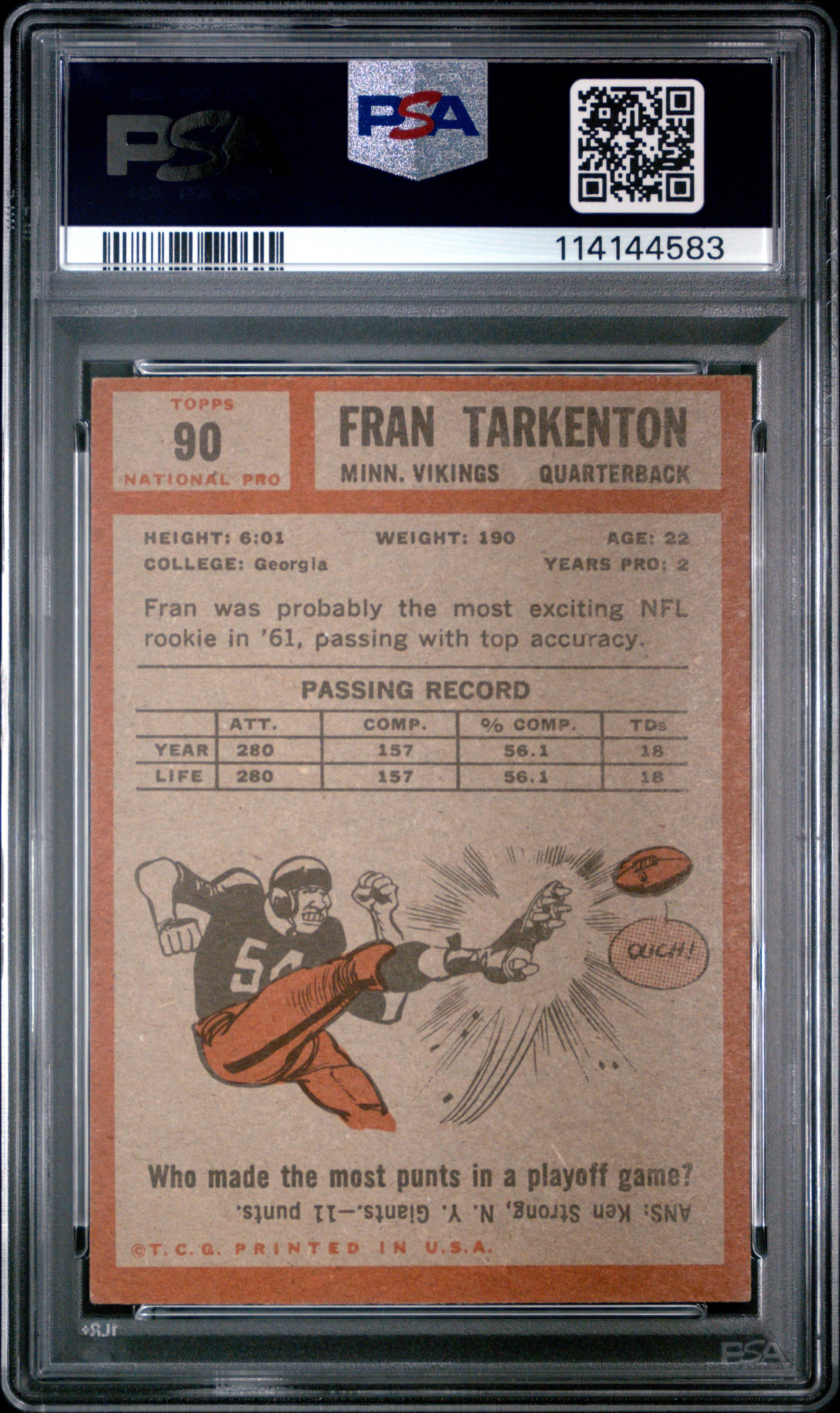 1962 Topps Fran Tarkenton Rookie #90 PSA 4 Minnesota Vikings HOF - Graded Sports Cards