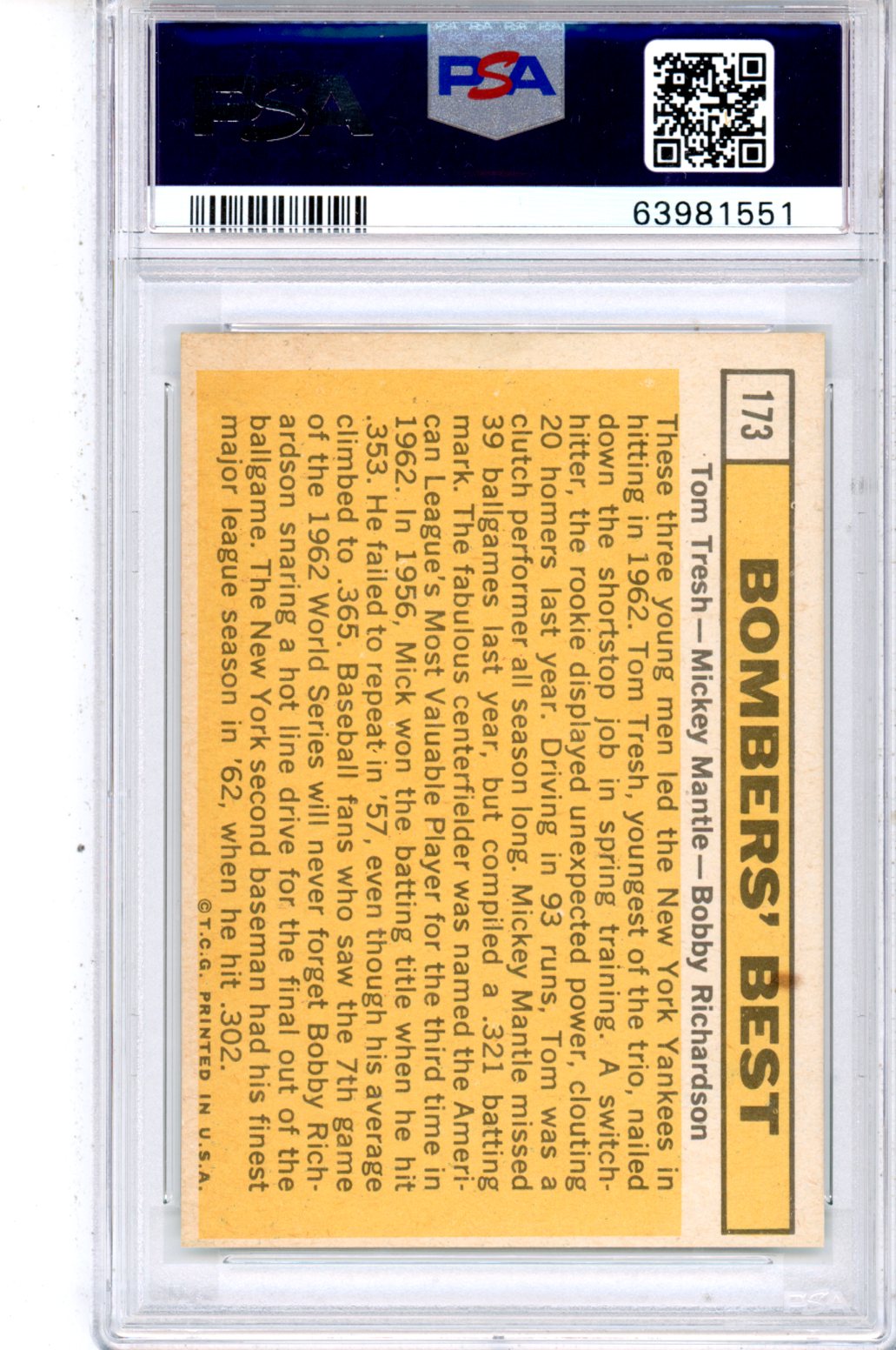1963 ToppsBombers’ Best Mickey Mantle Tresh Richardson PSA 4 New York Yankees - Graded Sports Cards