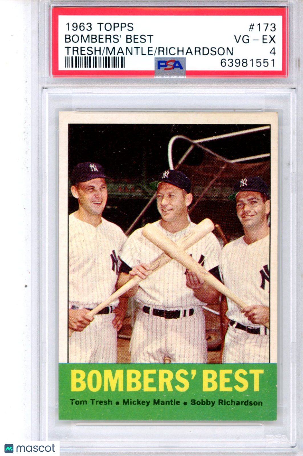 1963 ToppsBombers’ Best Mickey Mantle Tresh Richardson PSA 4 New York Yankees - Graded Sports Cards