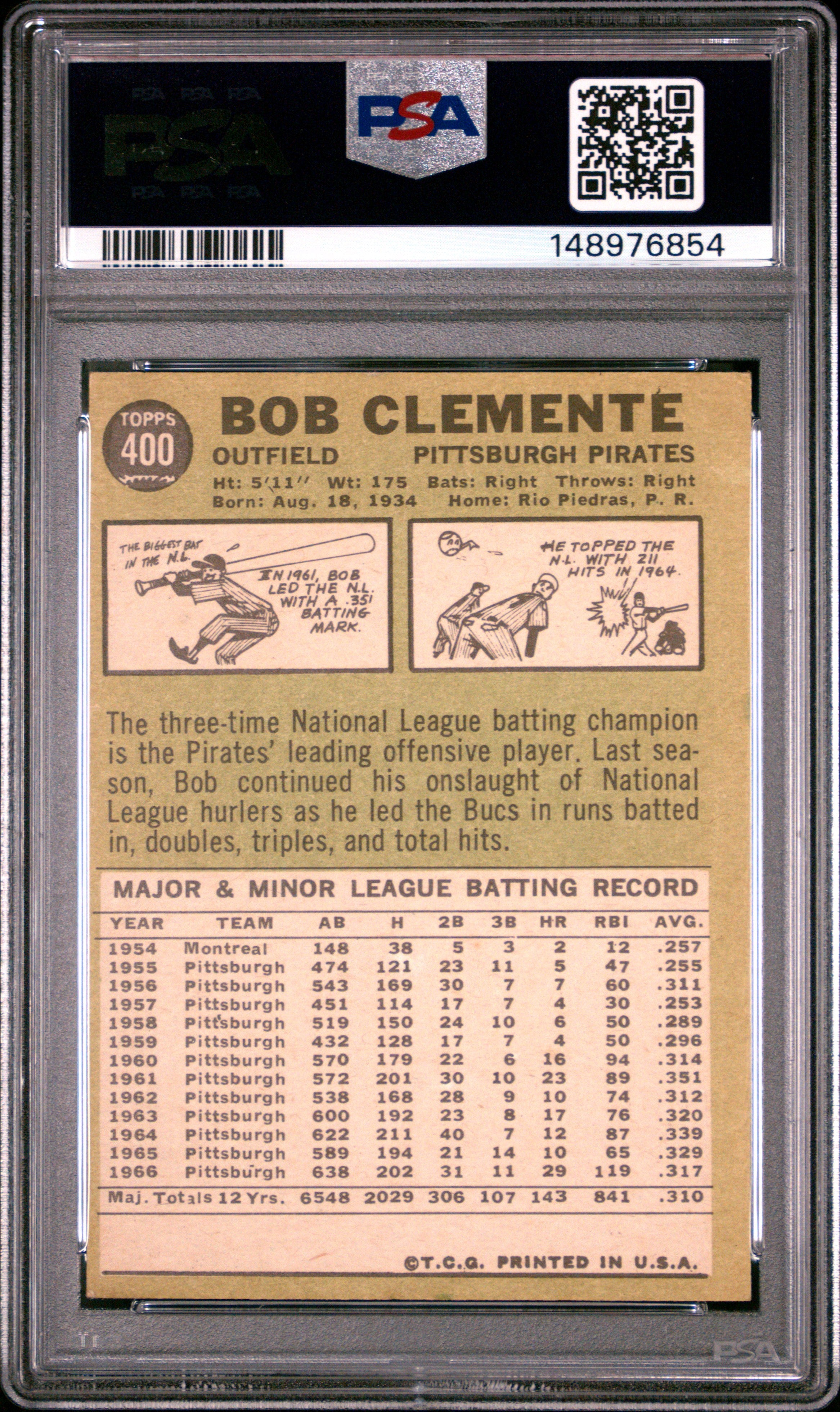 1967 Topps Bob Clemente #400 PSA 3 Pittsburgh Pirates - Graded Sports Cards