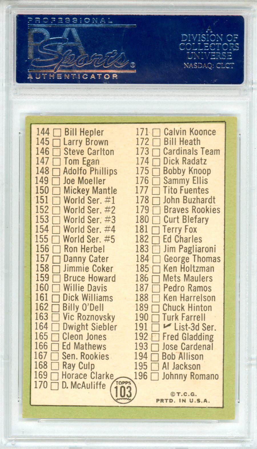 1967 Topps Checklist 110-196 Mickey Mantle #103 PSA 8 - Graded Sports Cards