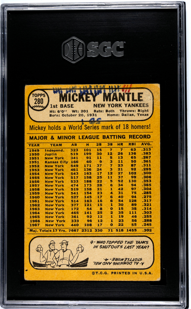 1968 Topps Mickey Mantle #280 SGC 1 New York Yankees - Graded Sports Cards