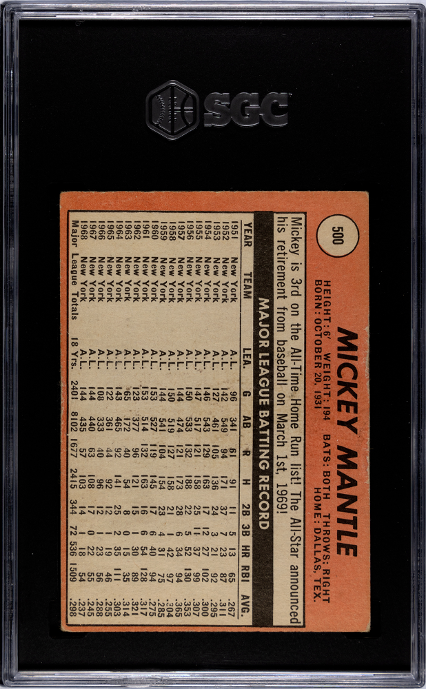 1969 Topps Mickey Mantle #500 SGC 1 New York Yankees - Graded Sports Cards