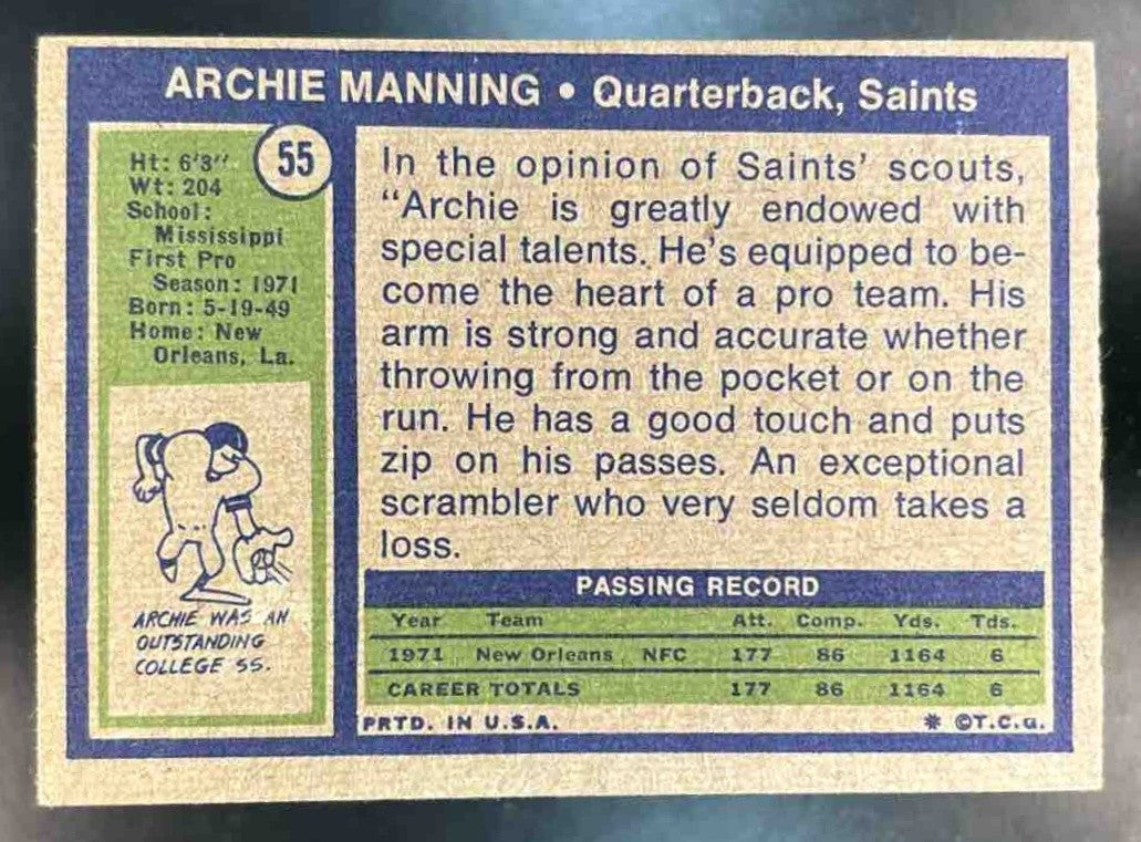 1972 Topps Archie Manning #55 RC New Orleans Saints - Sports Cards