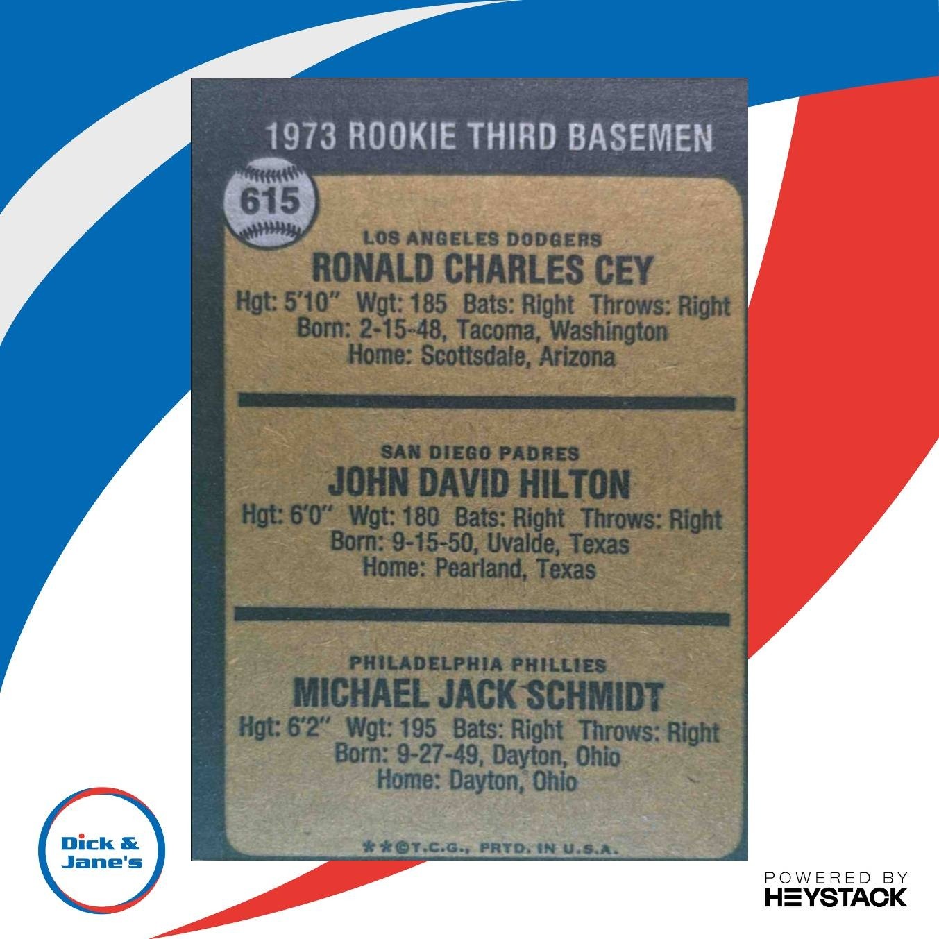 1973 Topps Rookie Third Basemen (Ron Cey John Hilton Mike Schmidt) #615 RC - Sports Cards