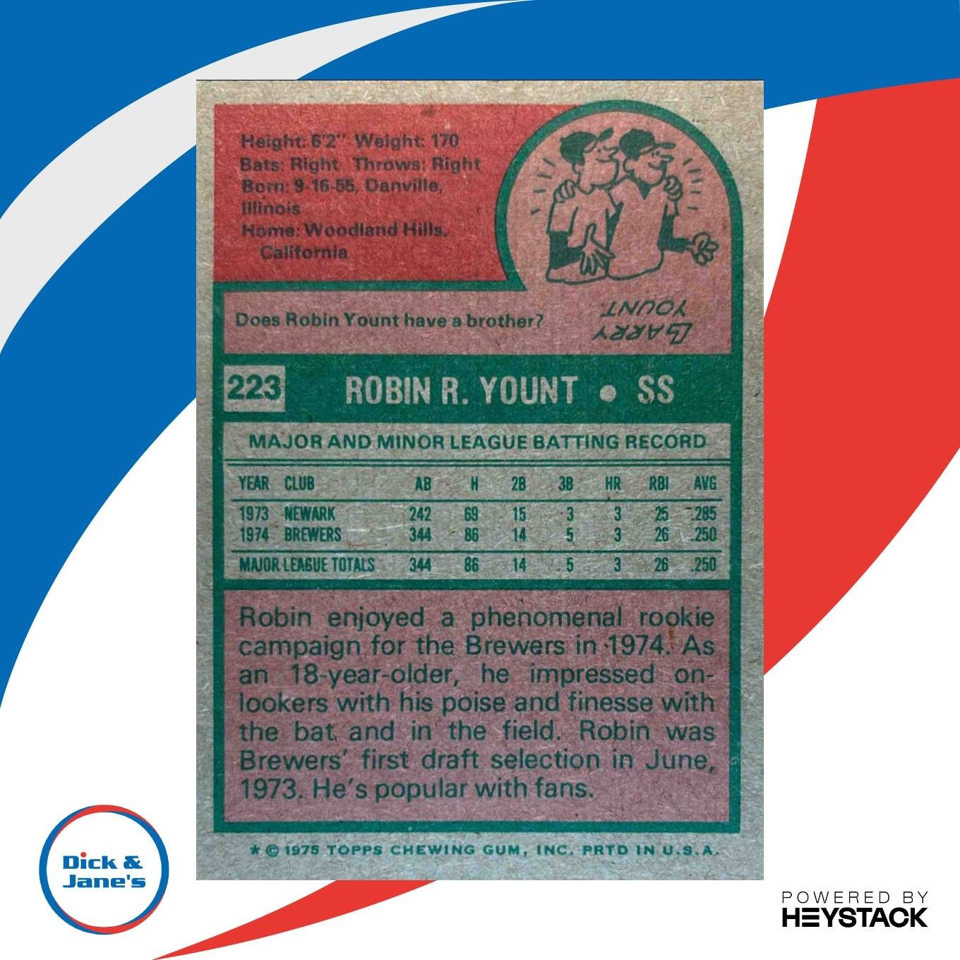 1975 Topps Robin Yount #223 RC Milwaukee Brewers - Sports Cards