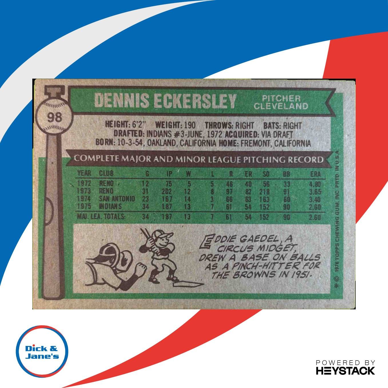 1976 Topps Dennis Eckersley #98 RC Cleveland Indians Rookie Card - Sports Cards