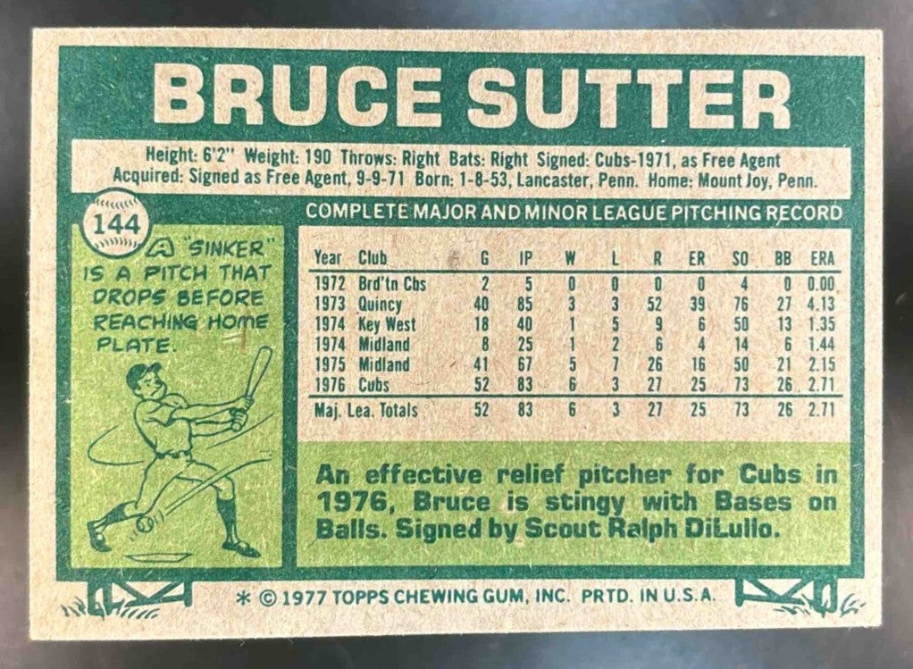 1977 Topps Bruce Sutter #144 RC Chicago Cubs - Sports Cards
