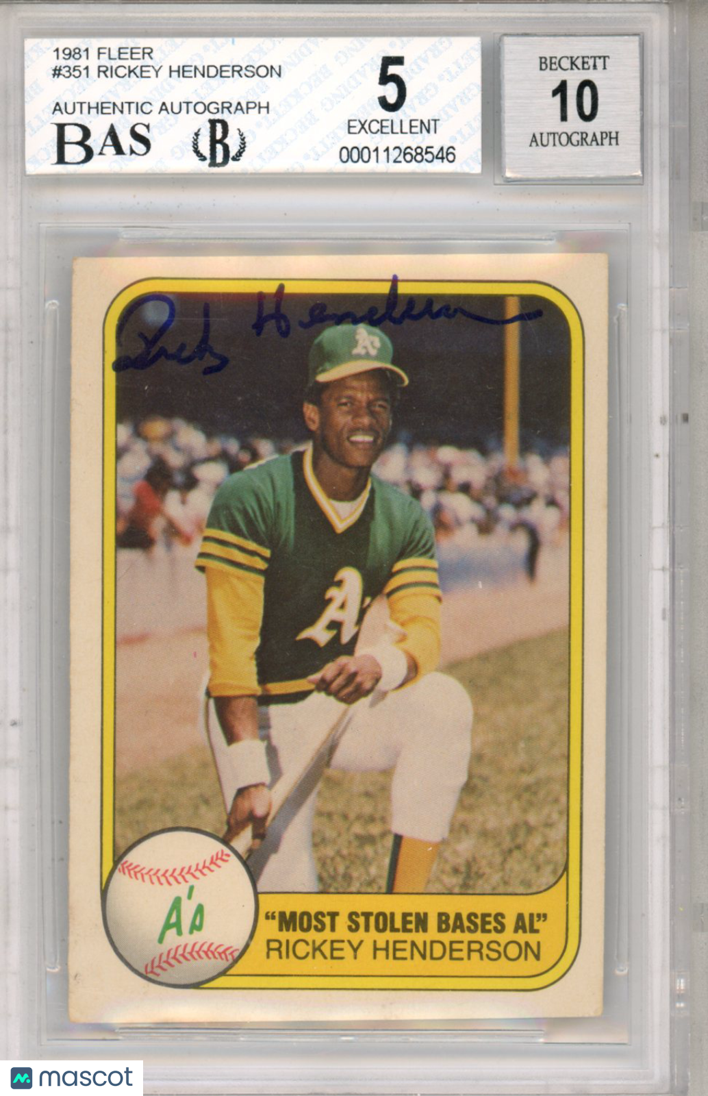 1981 Fleer Most Stolen Bases AL Rickey Henderson #351 BGS 5 Auto 10 - Graded Sports Cards