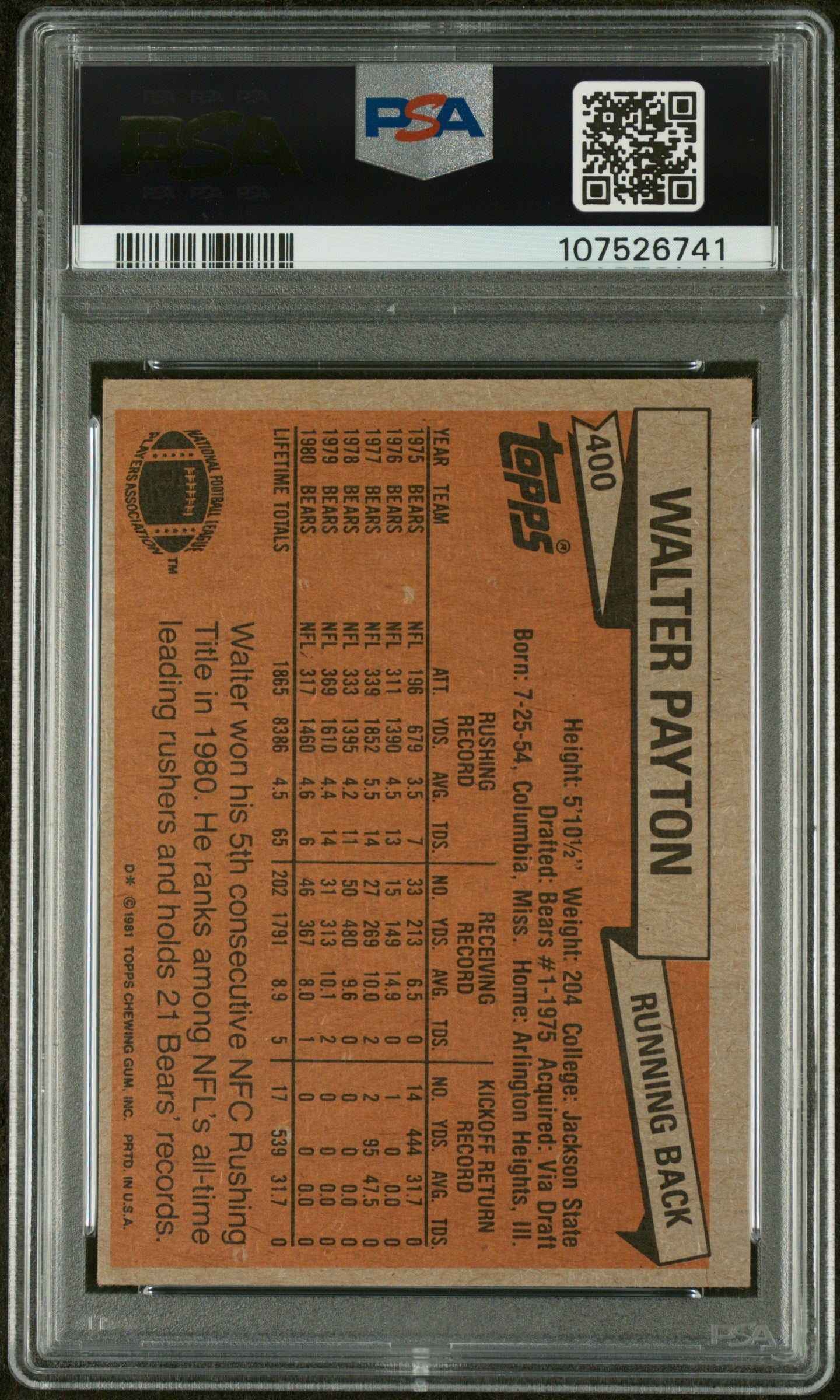 1981 Topps Walter Payton #400 PSA 6 Chicago Bears - Graded Sports Cards