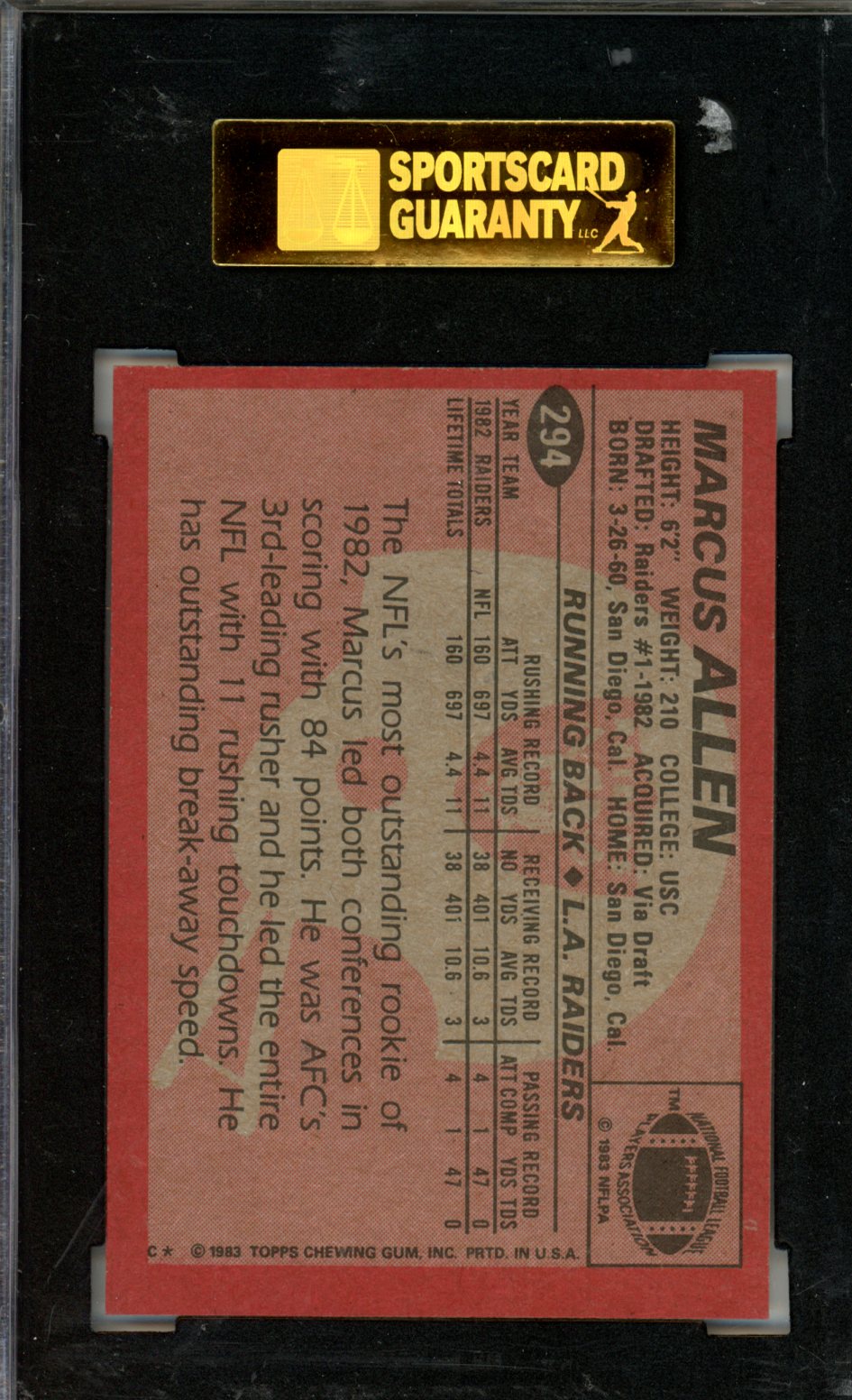 1983 Topps Marcus Allen RC - Rookie #294 SGC 7.5 Oakland Raiders - Graded Sports Cards