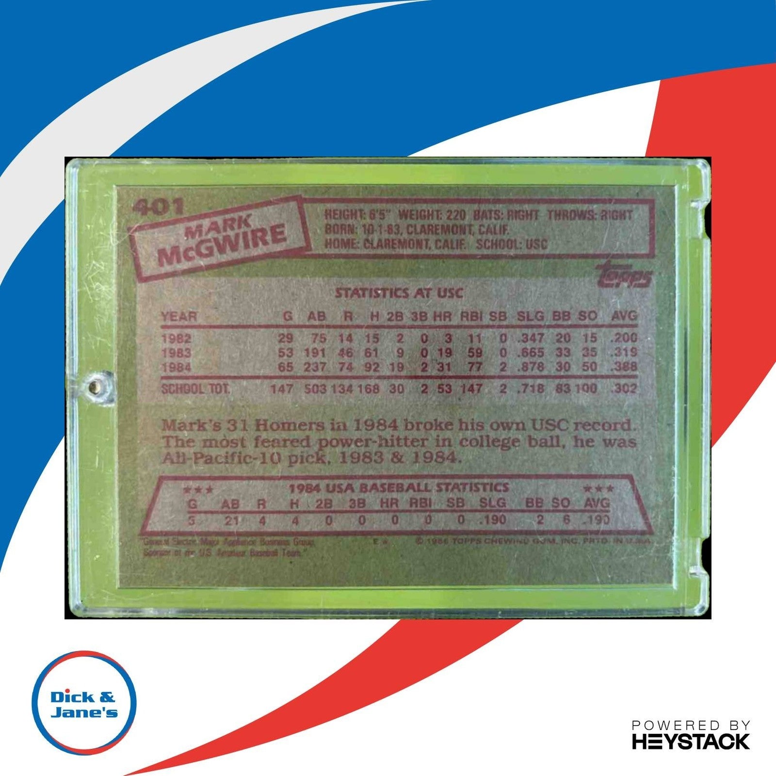 1985 Topps Mark McGwire #401 RC USA - Sports Cards