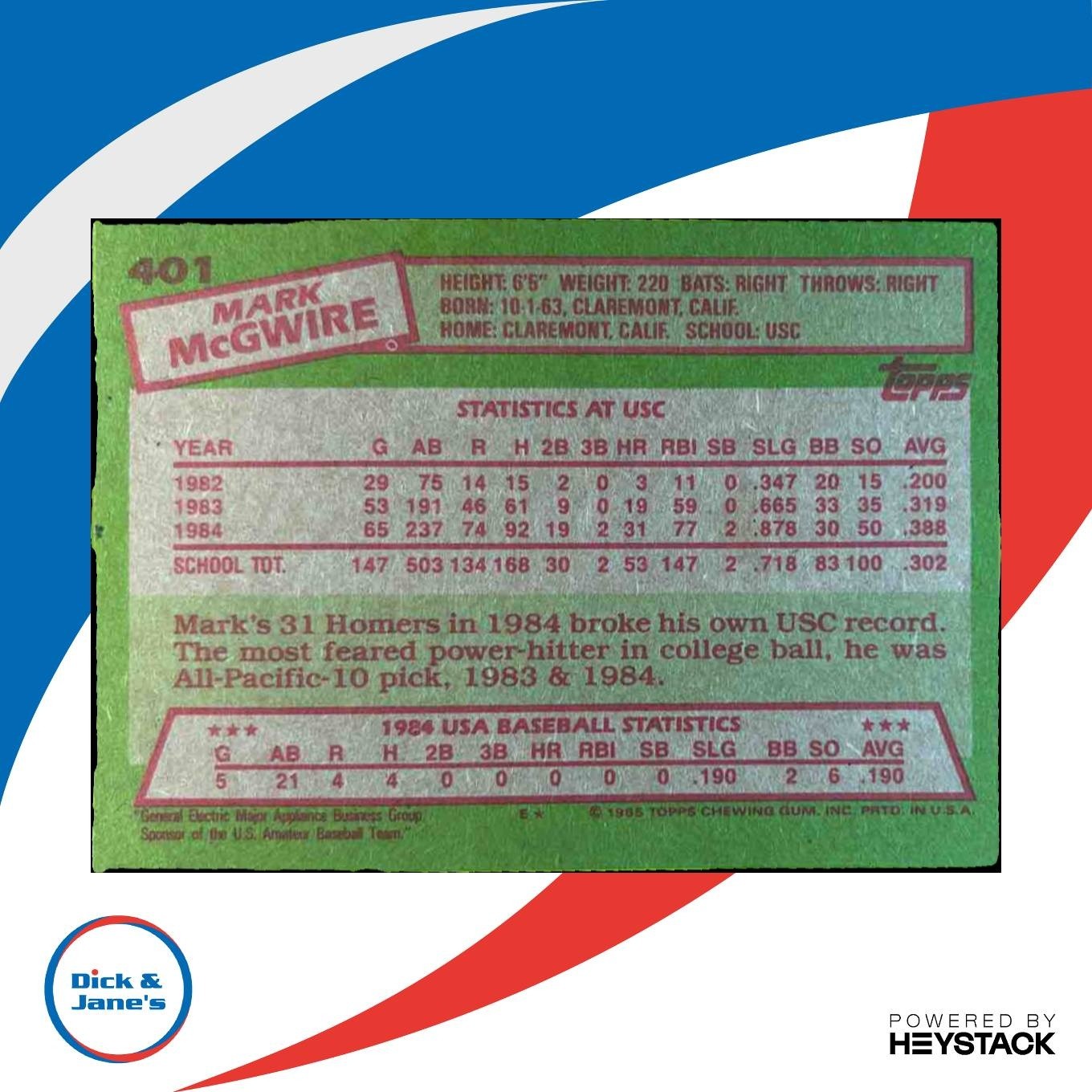 1985 Topps Mark McGwire #401 RC USA - Sports Cards