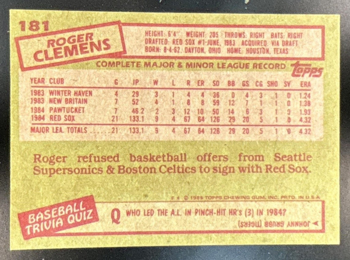 1985 Topps Roger Clemens #181 RC Boston Red Sox - Sports Cards
