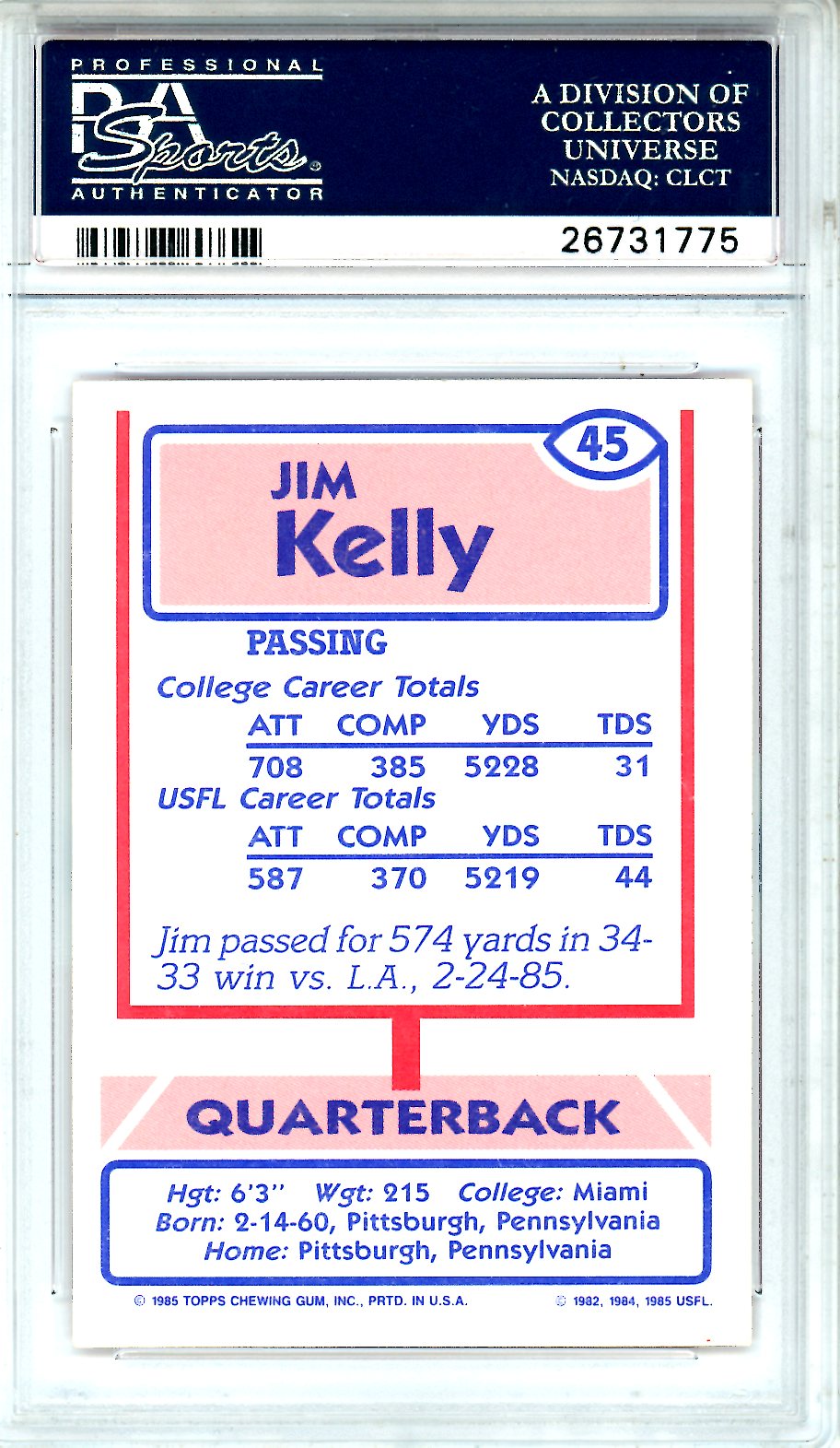 1985 Topps Usfl Jim Kelly #45 PSA 8 - Dick & Jane's