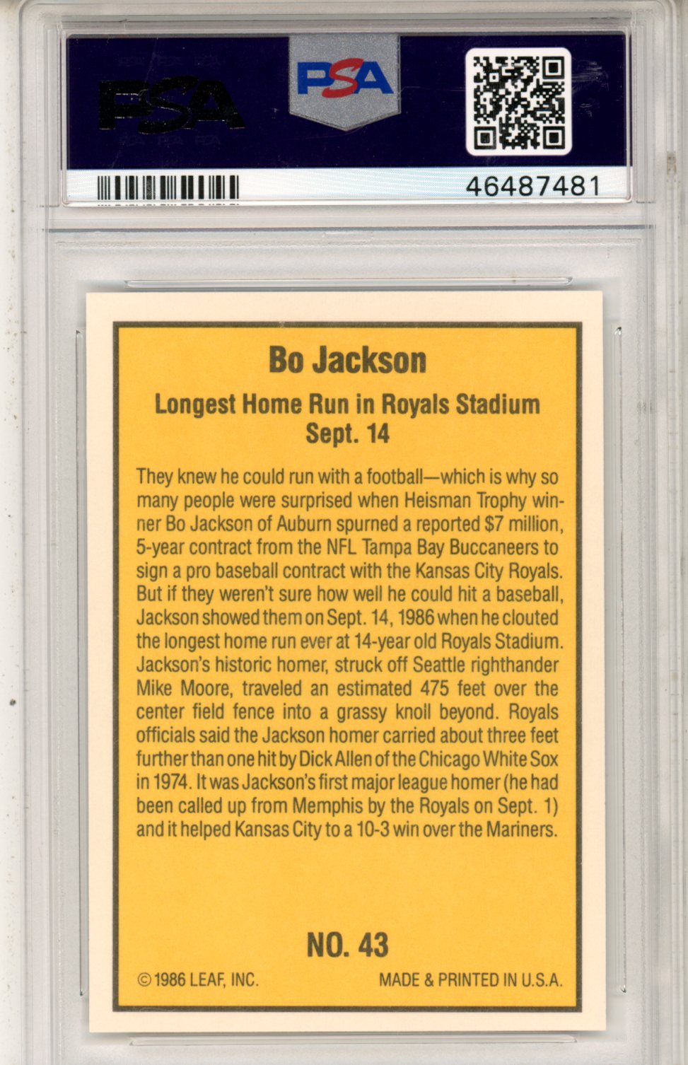1986 Donruss Highlights Bo Jackson Rookie #43 PSA 10 GEM MINT Kansas City Royals - Graded Sports Cards