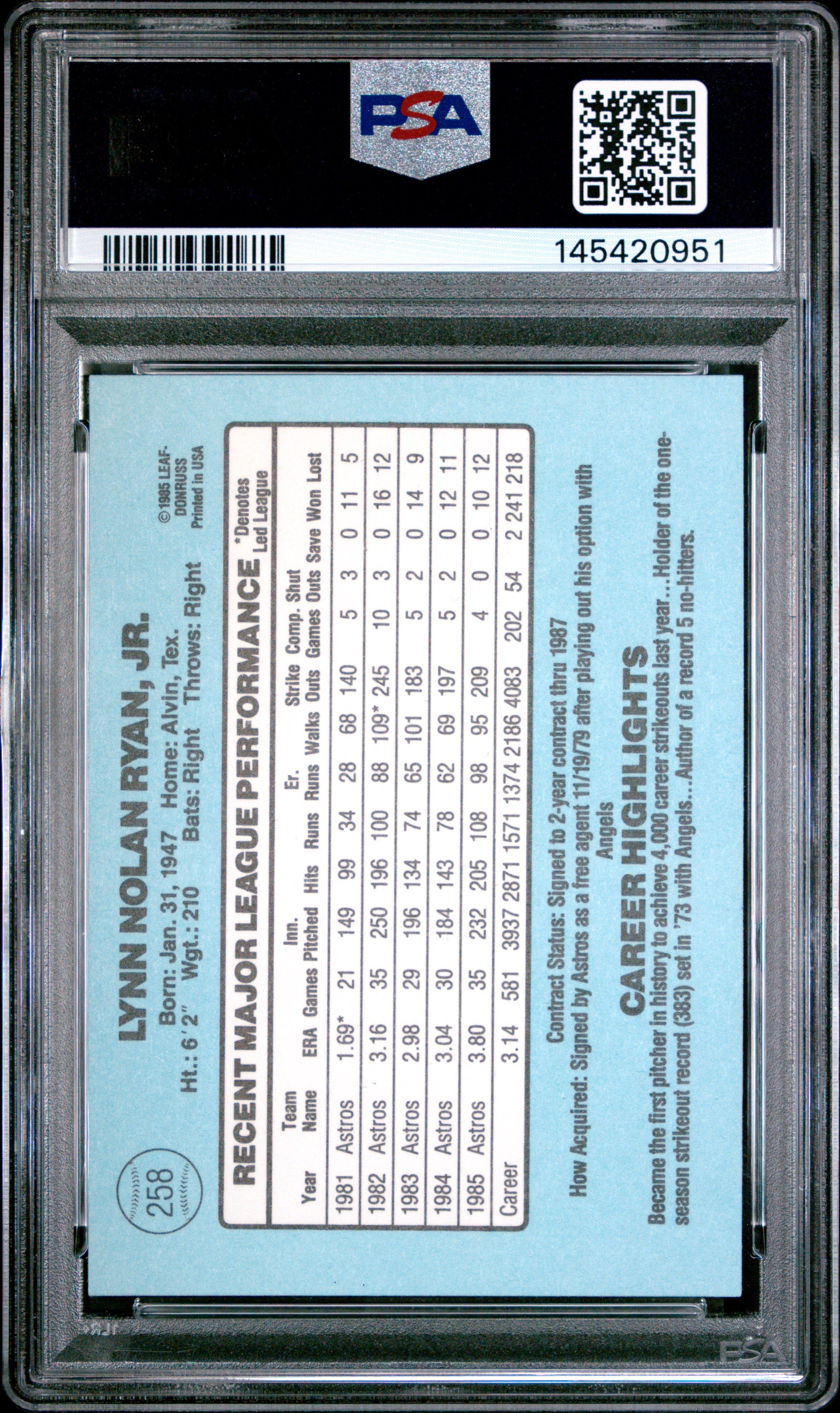 1986 Donruss Nolan Ryan #258 PSA 9 - Graded Sports Cards