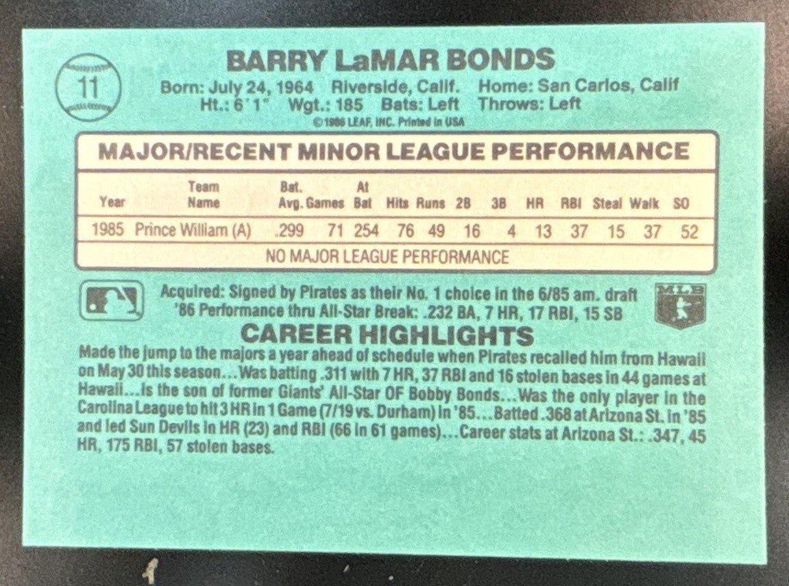 1986 Donruss The Rookies Barry Bonds #11 RC Pittsburgh Pirates - Sports Cards