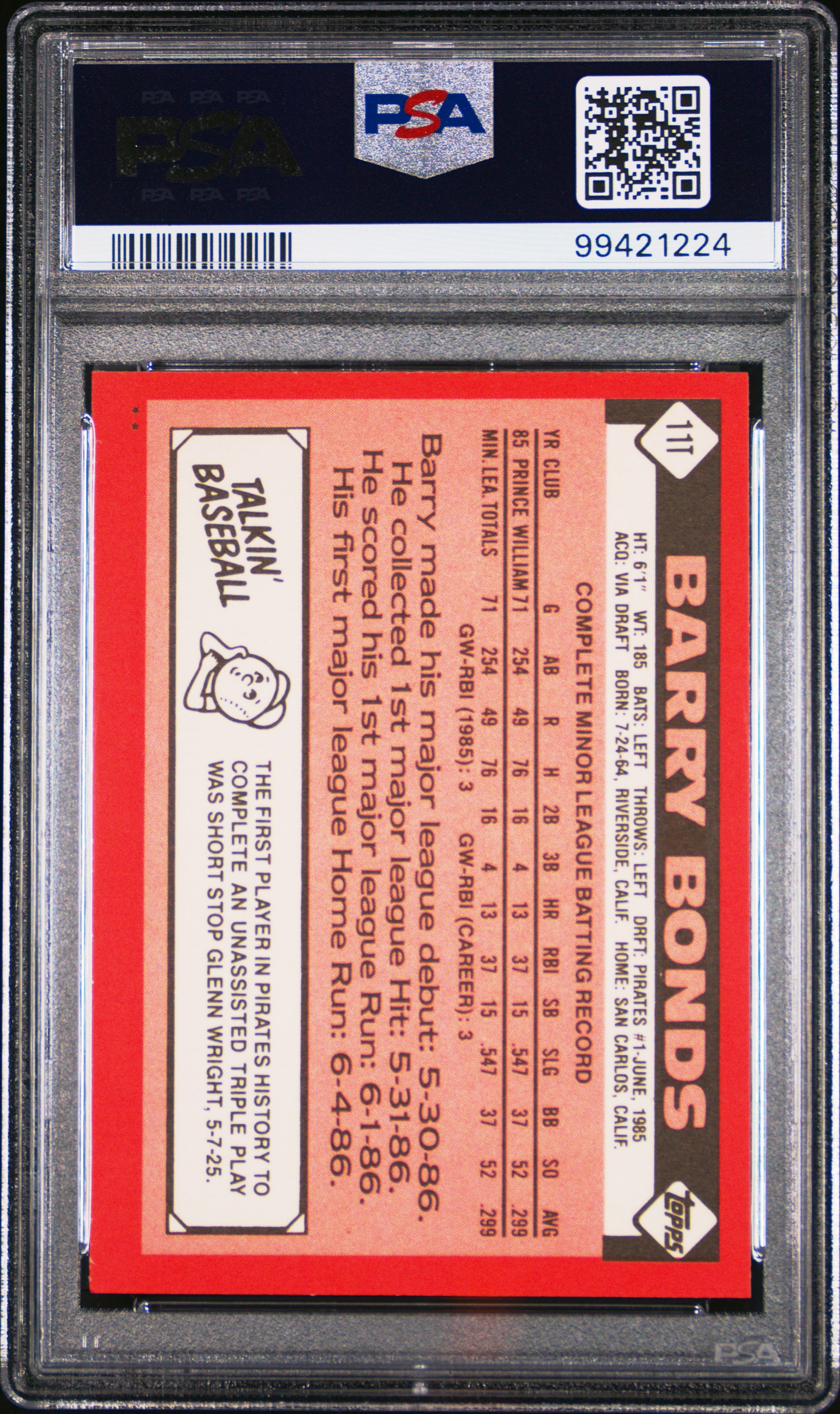 1986 Topps Traded Barry Bonds XRC Rookie #11T PSA 7 Pittsburgh Pirates Graded Sports Cards