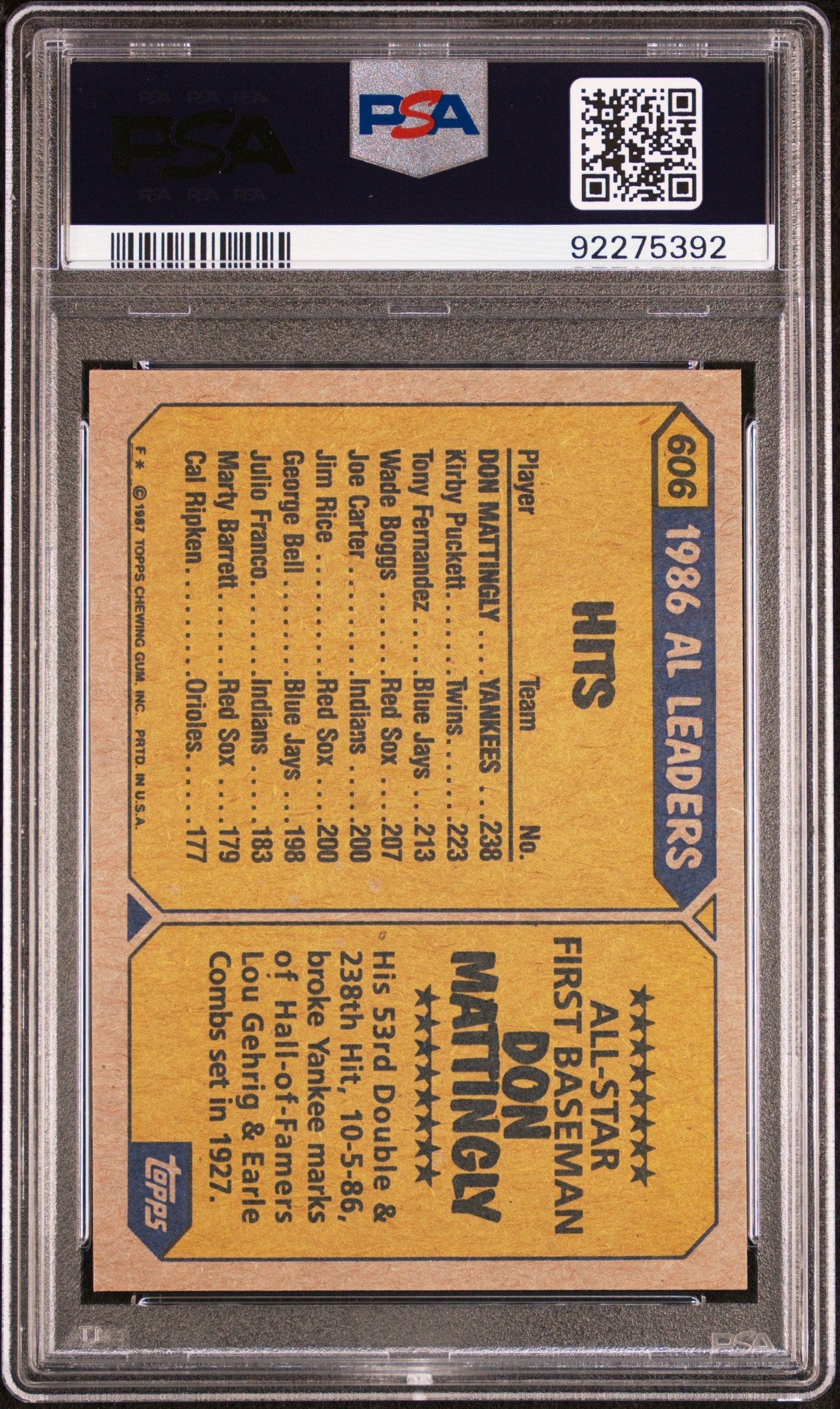 1987 Topps Don Mattingly Trademark On Front #606 PSA 9 - Graded Sports Cards