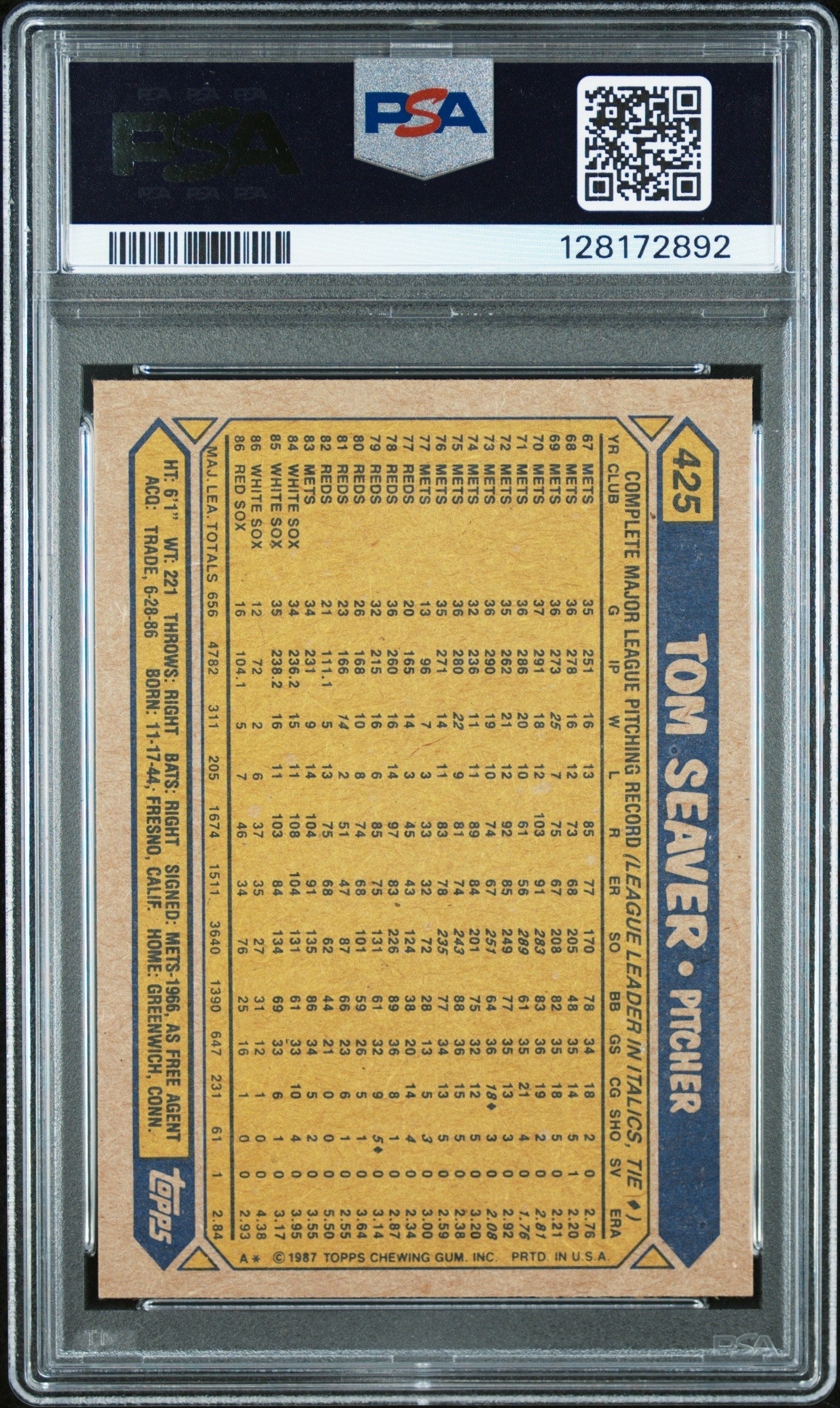 1987 Topps Tom Seaver #425 PSA Authentic Auto Boston Red Sox - Graded Sports Cards