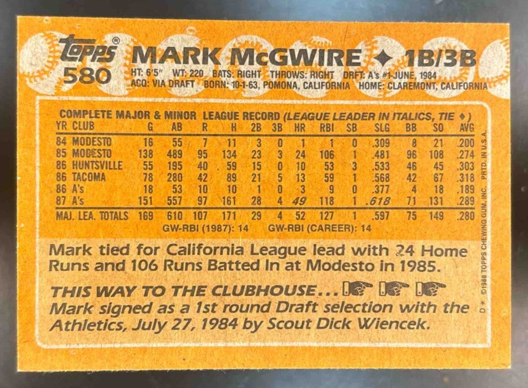 1988 Topps Mark McGwire #580 Oakland Athletics - Sports Cards