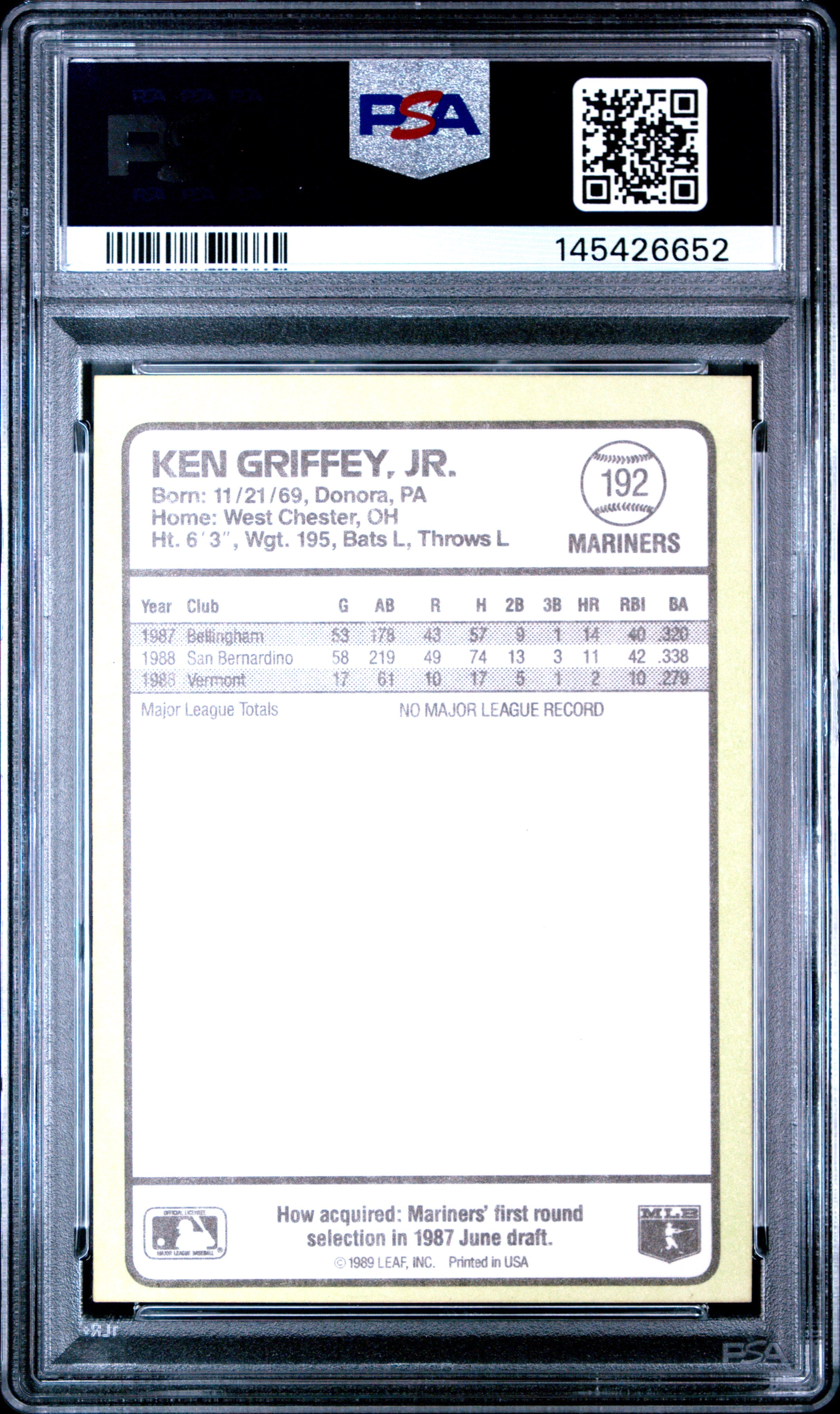 best baseball cards to get graded 1989 Donruss Baseball's Best Ken Griffey JR. #192 PSA