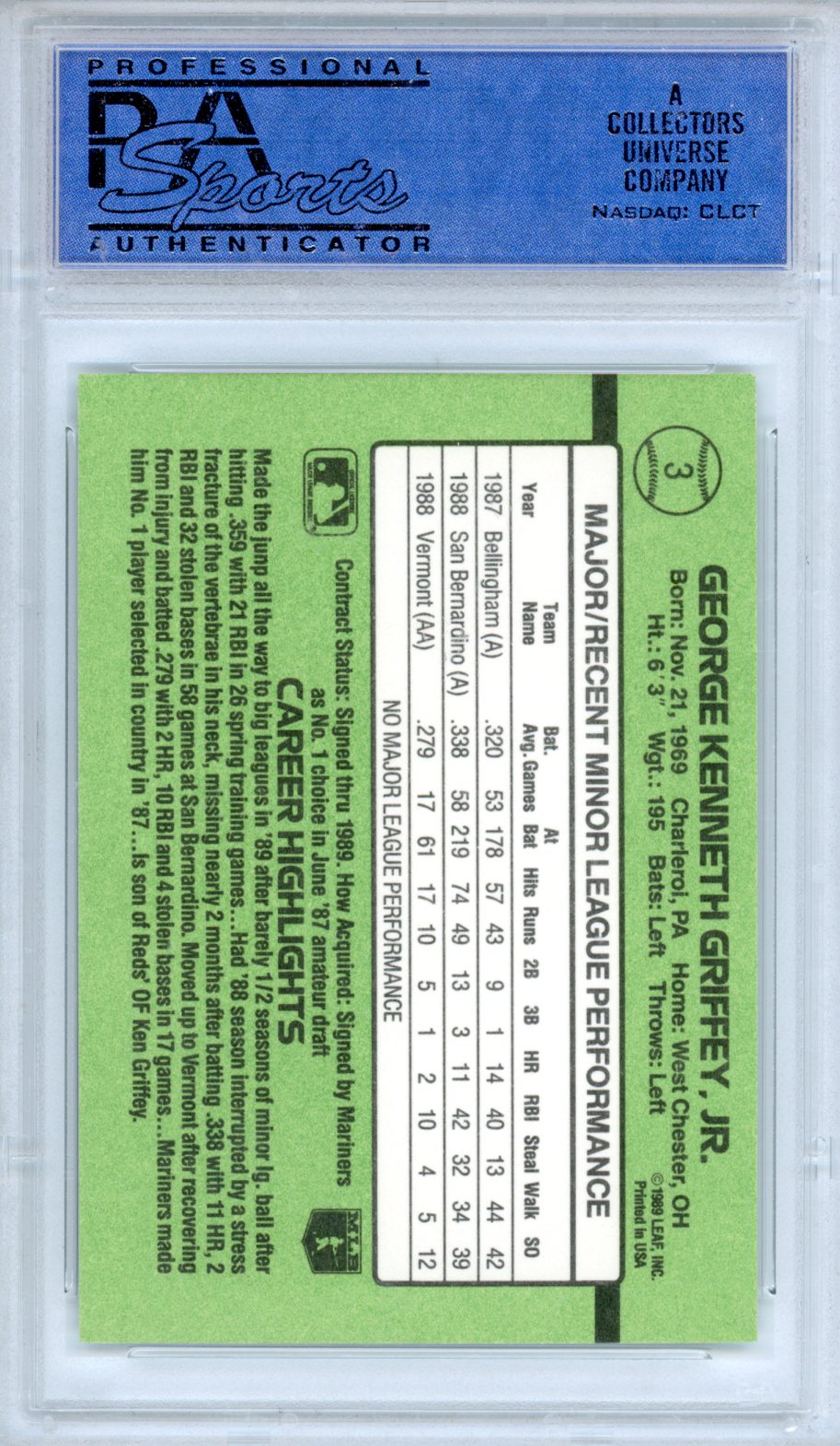 1989 Donruss Rookies Ken Griffey JR. #3 PSA 9 - Graded Sports Cards