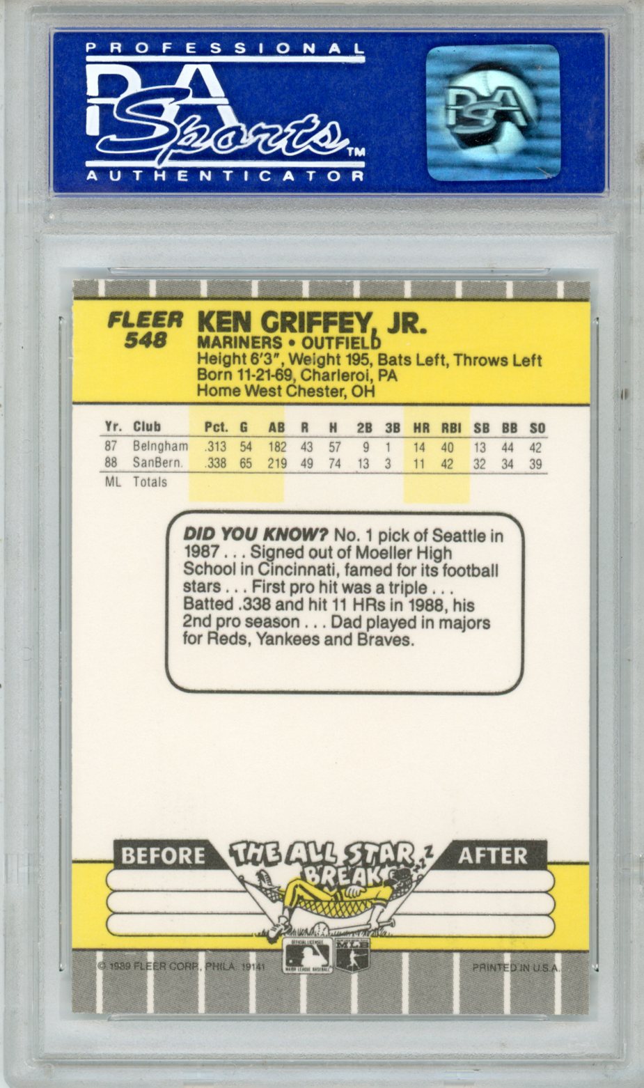 1989 Fleer Ken Griffey Jr. Rookie #548 PSA 8 Seattle Mariners x4883 - Graded Sports Cards