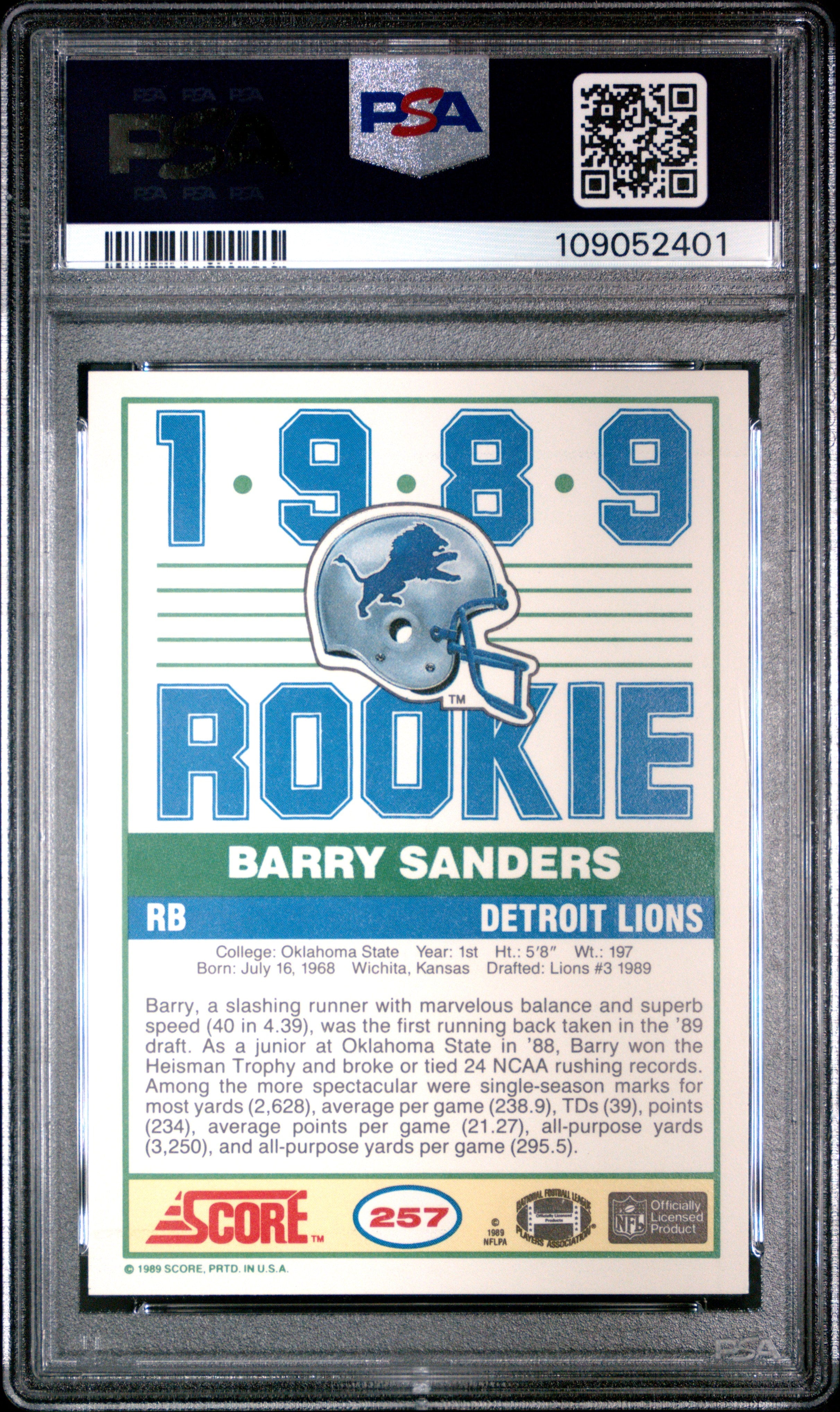 1989 Score Barry Sanders Rookie #257 PSA 9 Detroit Lions - Graded Sports Cards