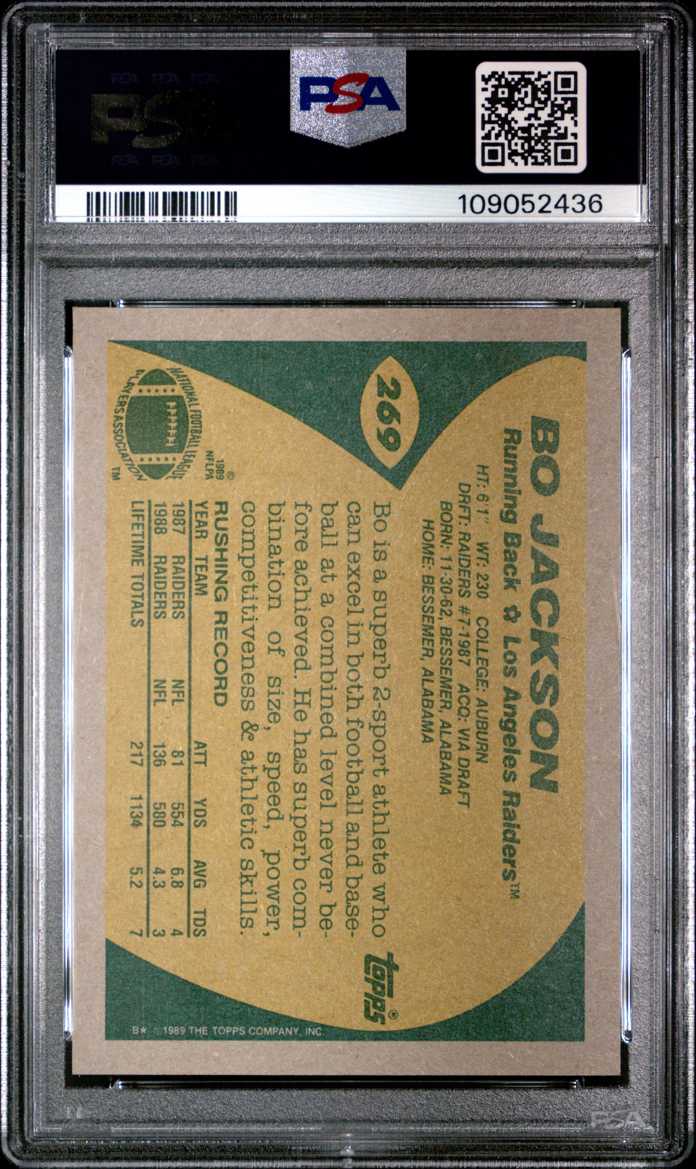 1989 Topps Bo Jackson #269 PSA 9 Las Vegas Raiders - Graded Sports Cards