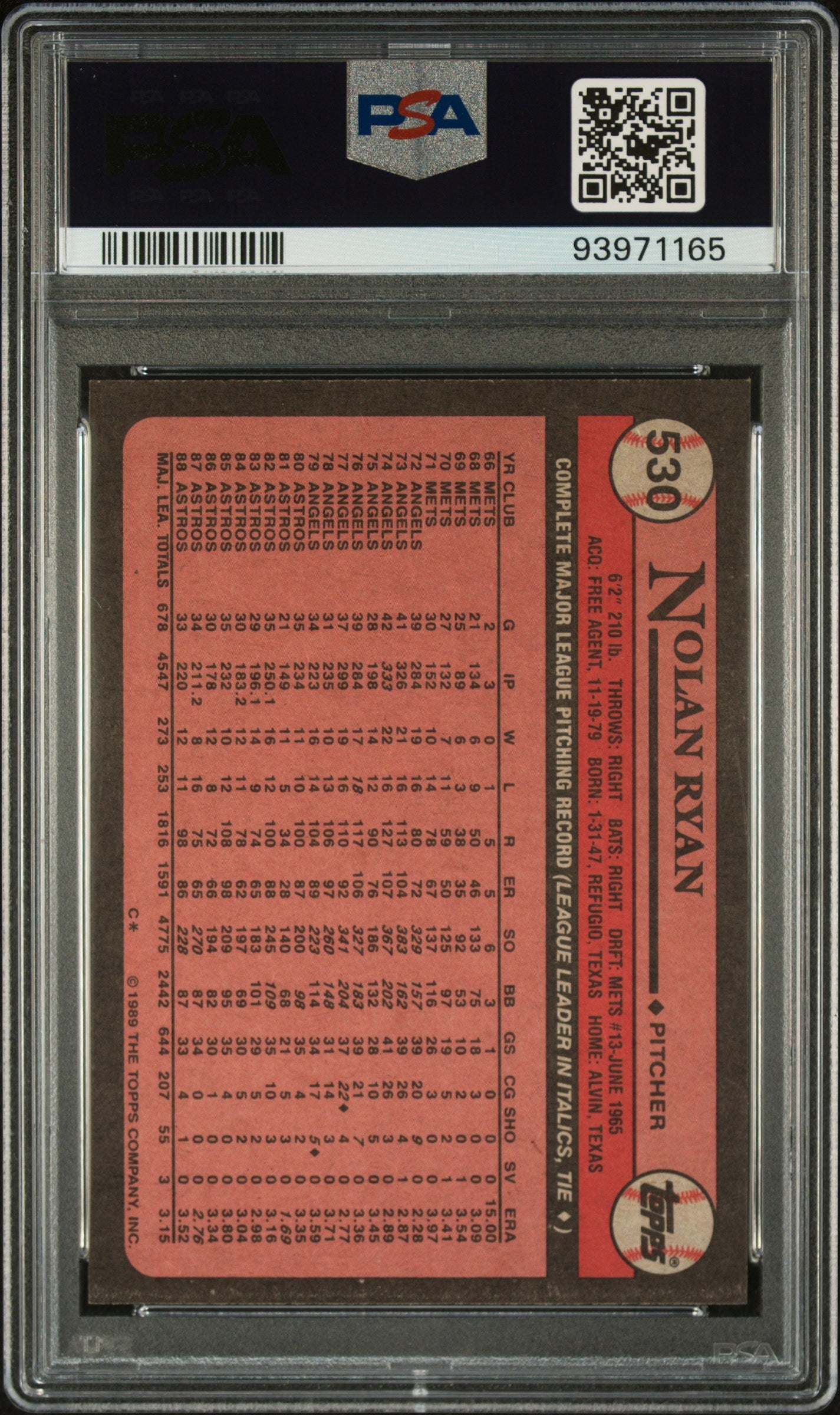 1989 Topps Nolan Ryan #530 PSA 9 - Graded Sports Cards