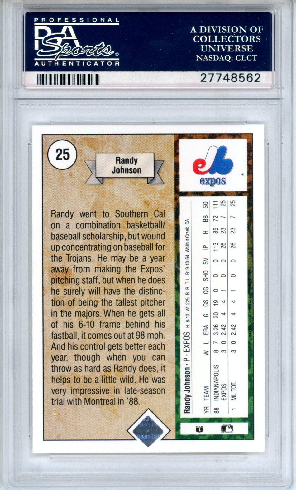 1989 Upper Deck Randy Johnson Star Rookie #25 PSA 10 GEM MINT Montreal Expos - Graded Sports Cards