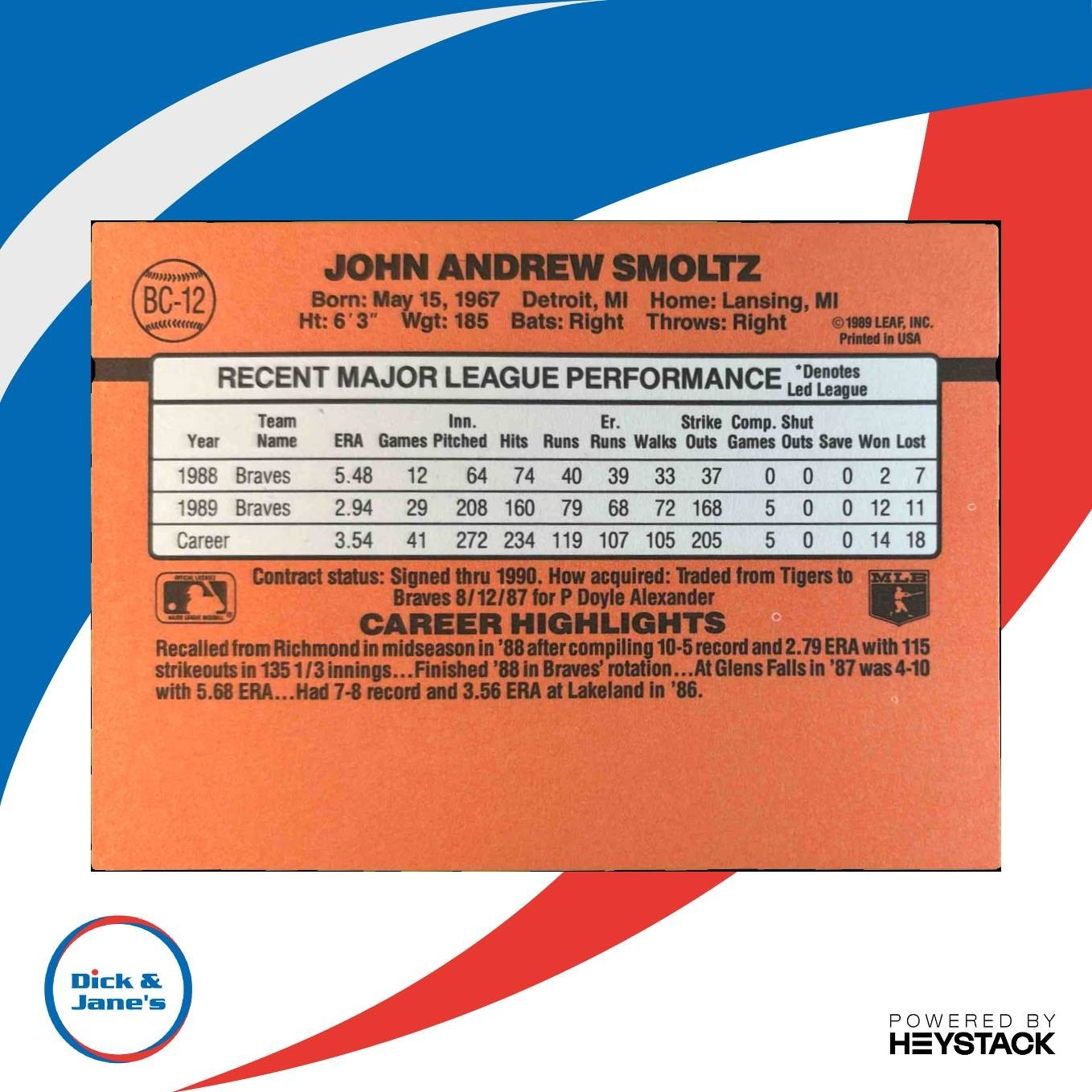 1990 Donruss John Smoltz Bonus MVPs #BC-12 Atlanta Braves - Sports Cards