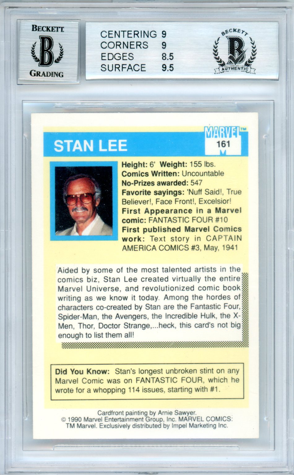 1990 Marvel Universe I Stan Lee: Mr. Marvel #161 BGS 9 Autographed - Graded Non-Sports Cards