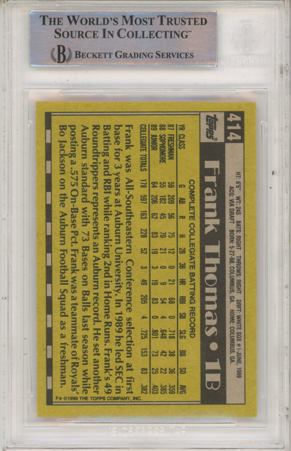 1990 Topps Frank Thomas Rookie #414B Beckect Authentic Auto BAS Signature - Sports Cards