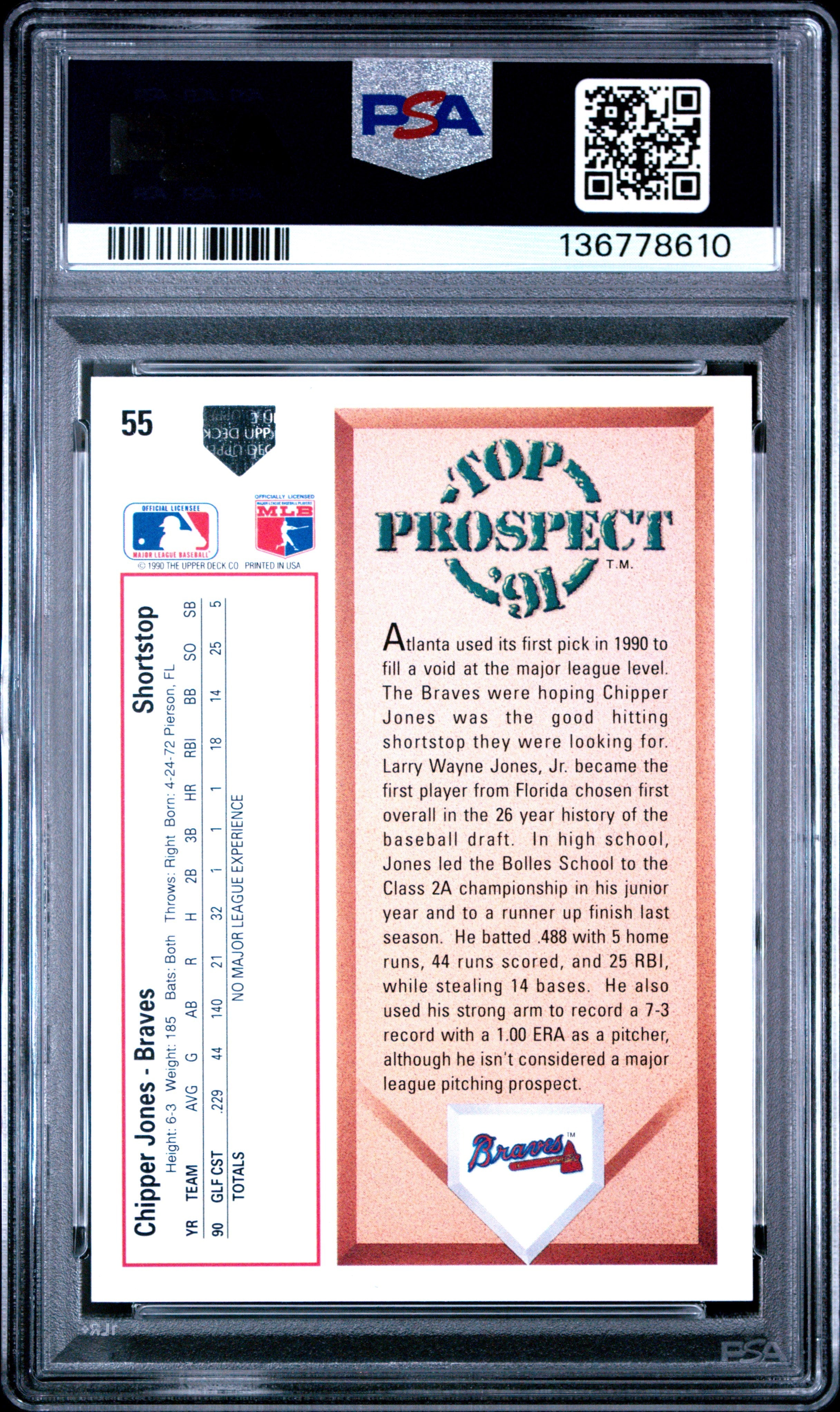 1991 Upper Deck Chipper Jones #55 PSA 10 GEM MINT Milwaukee Brewers - Graded Sports Cards