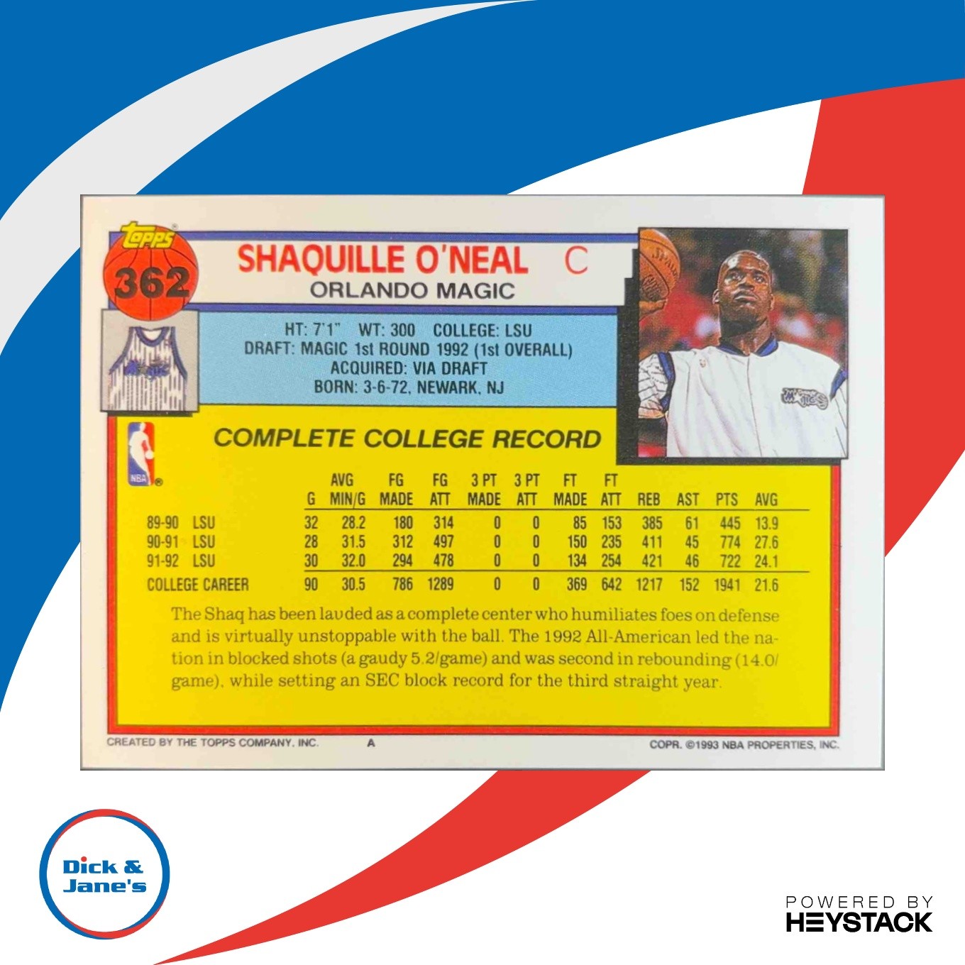 1992-93 Topps Shaquille O’Neal #362 RC Orlando Magic DJ1 - Sports Cards