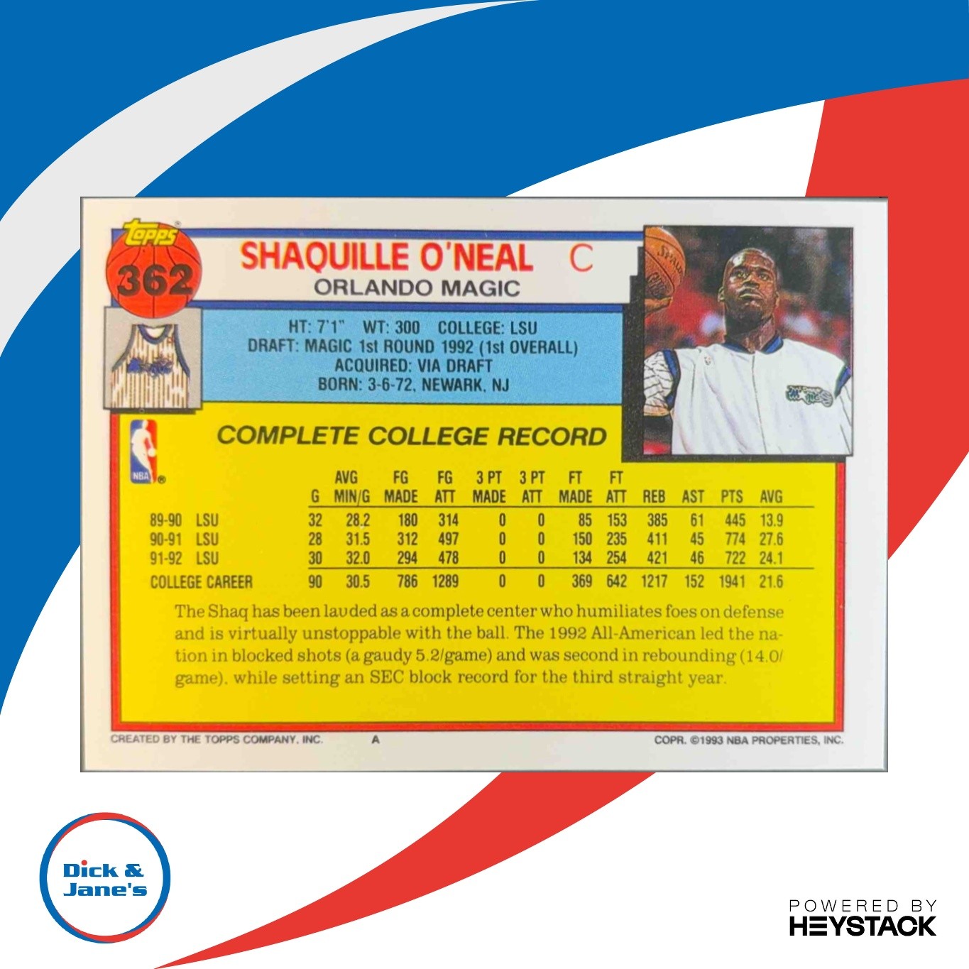 1992-93 Topps Shaquille O’Neal #362 RC Orlando Magic DJ2 - Sports Cards