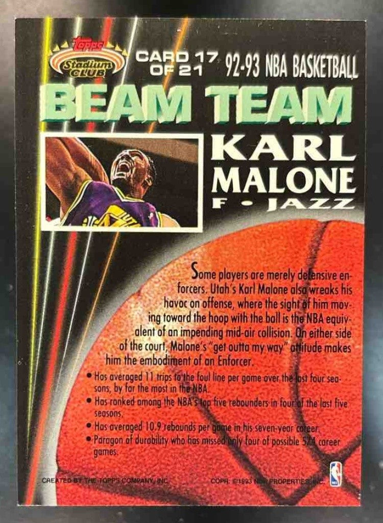 1992-93 Topps Stadium Club Karl Malone Beam Team #17 Utah Jazz - Sports Cards