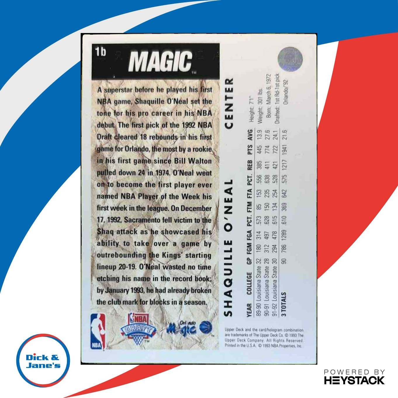 1992-93 Upper Deck Shaquille O’Neal #1b RC Orlando Magic - Sports Cards