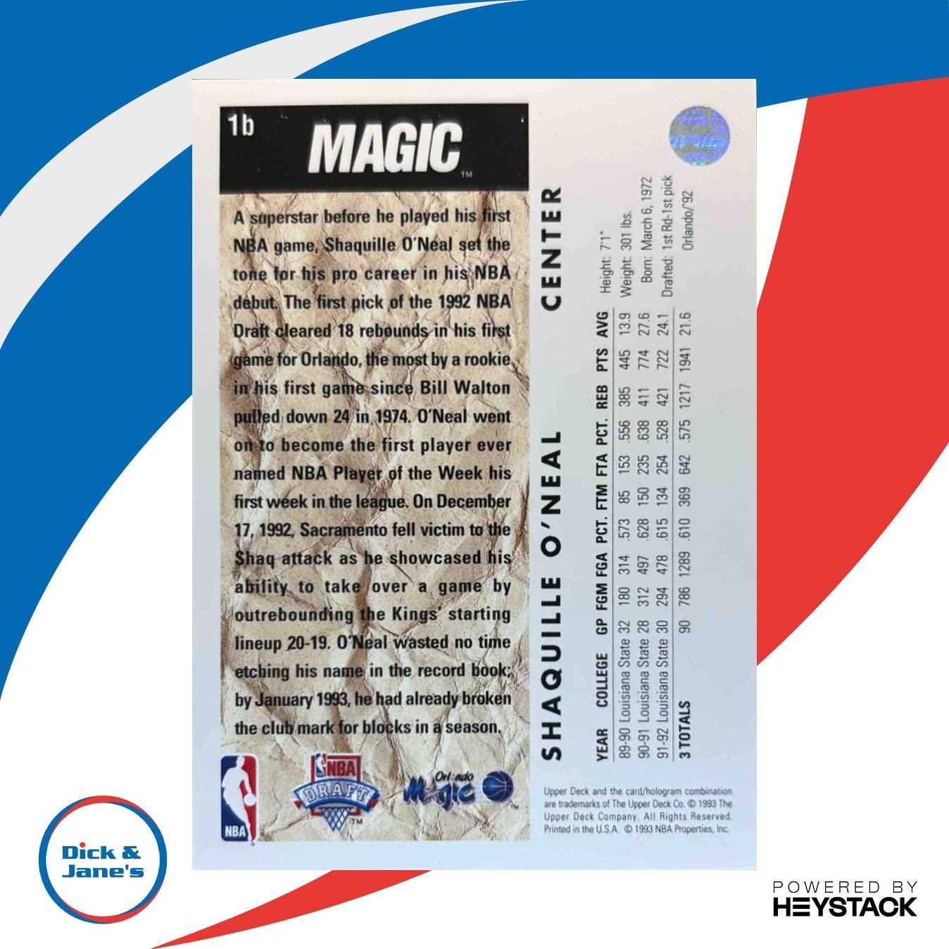 1992-93 Upper Deck Shaquille O’Neal #1b RC Orlando Magic - Sports Cards