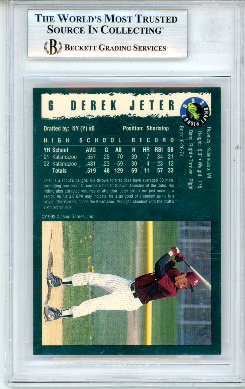 1992 Classic Draft Picks Derek Jeter #6 BGS 8.5 New York Yankees - Graded Sports Cards