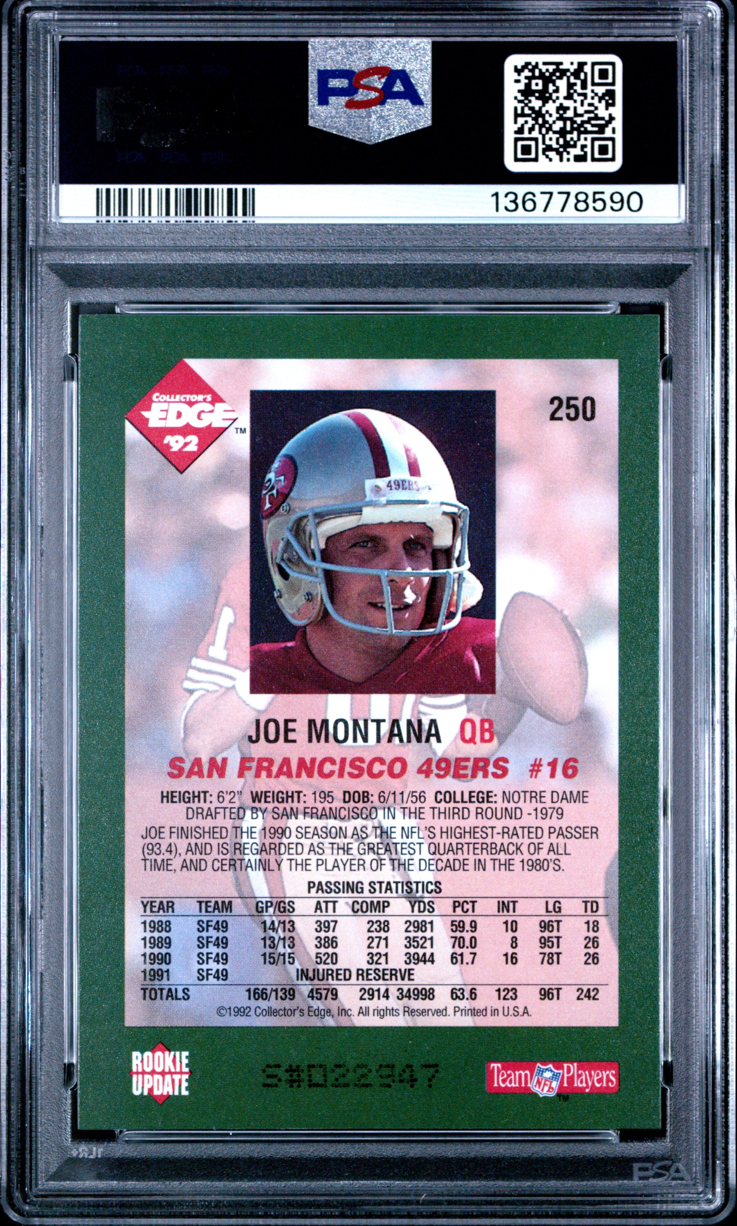 1992 Collector’s Edge Joe Montana #250 PSA 10 - Graded Sports Cards