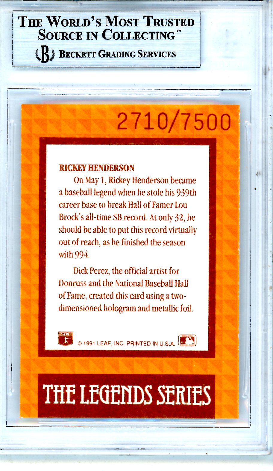 1992 Donruss Elite Rickey Henderson LGD 2710/7500 #L2 BGS 9 MINT Athletics - Graded Sports Cards