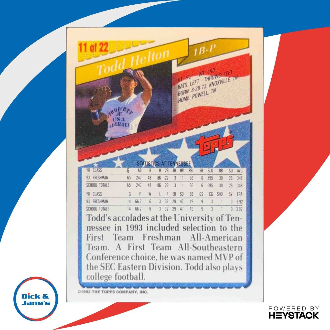 1993 Topps Bazooka Team USA #11 Todd Helton Rookie Card - Sports Cards