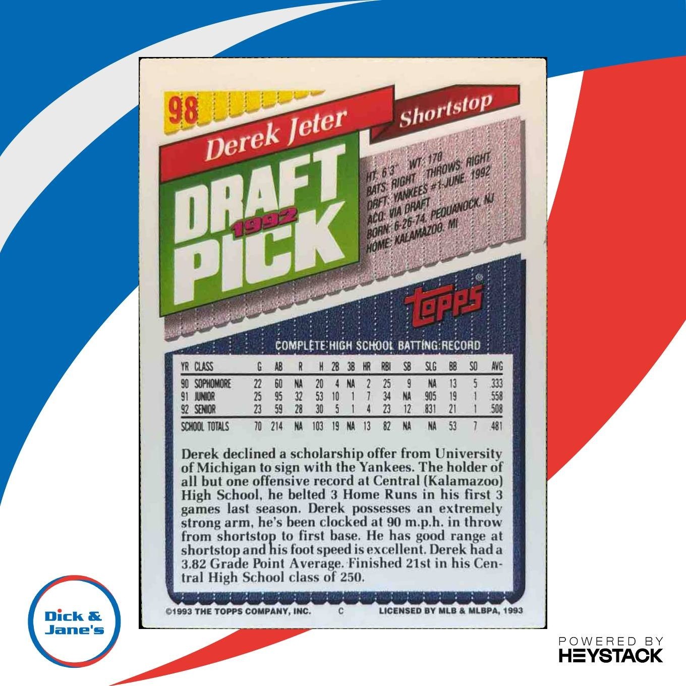 1993 Topps Derek Jeter #98 RC New York Yankees - Sports Cards