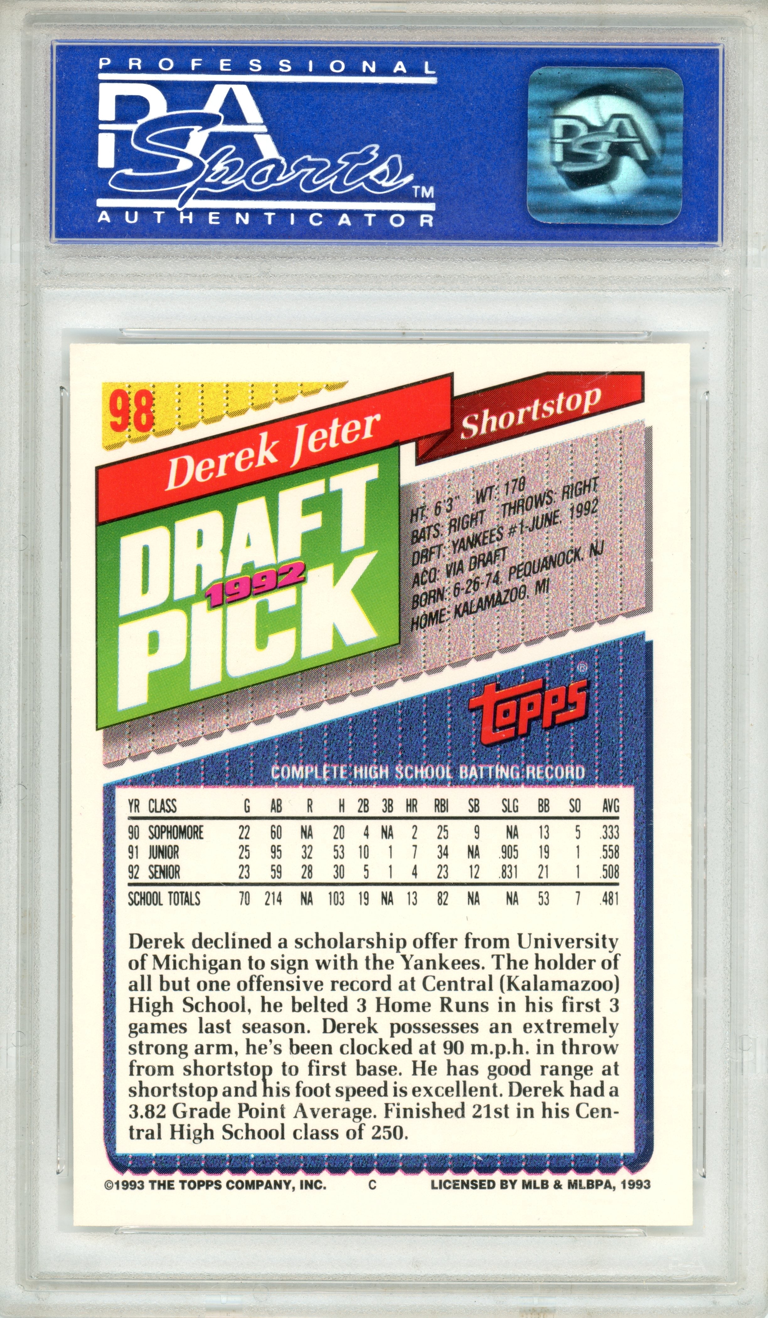 1993 Topps Derek Jeter Rookie #98 PSA 7 New York Yankees - Graded Sports Cards