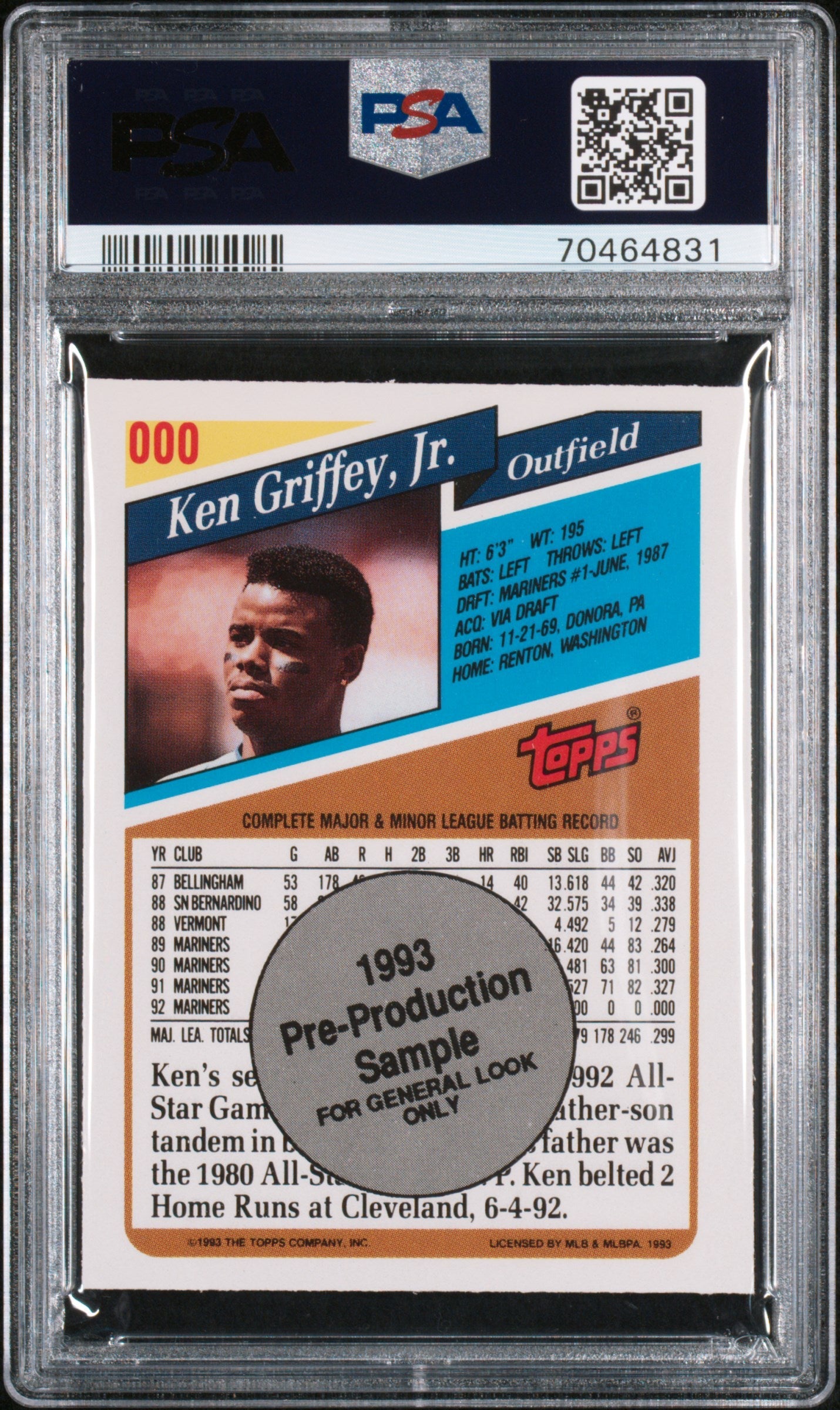 1993 Topps Pre-Production Ken Griffey JR. Hand Cut #000 PSA 8 Seattle Mariners - Graded Sports Cards