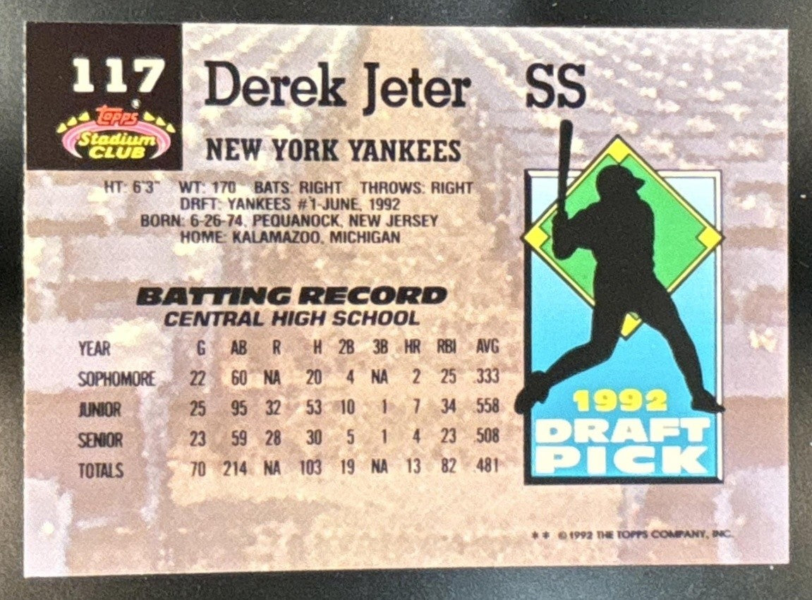 1993 Topps Stadium Club Murphy Derek Jeter #117 RC New York Yankees - Sports Cards
